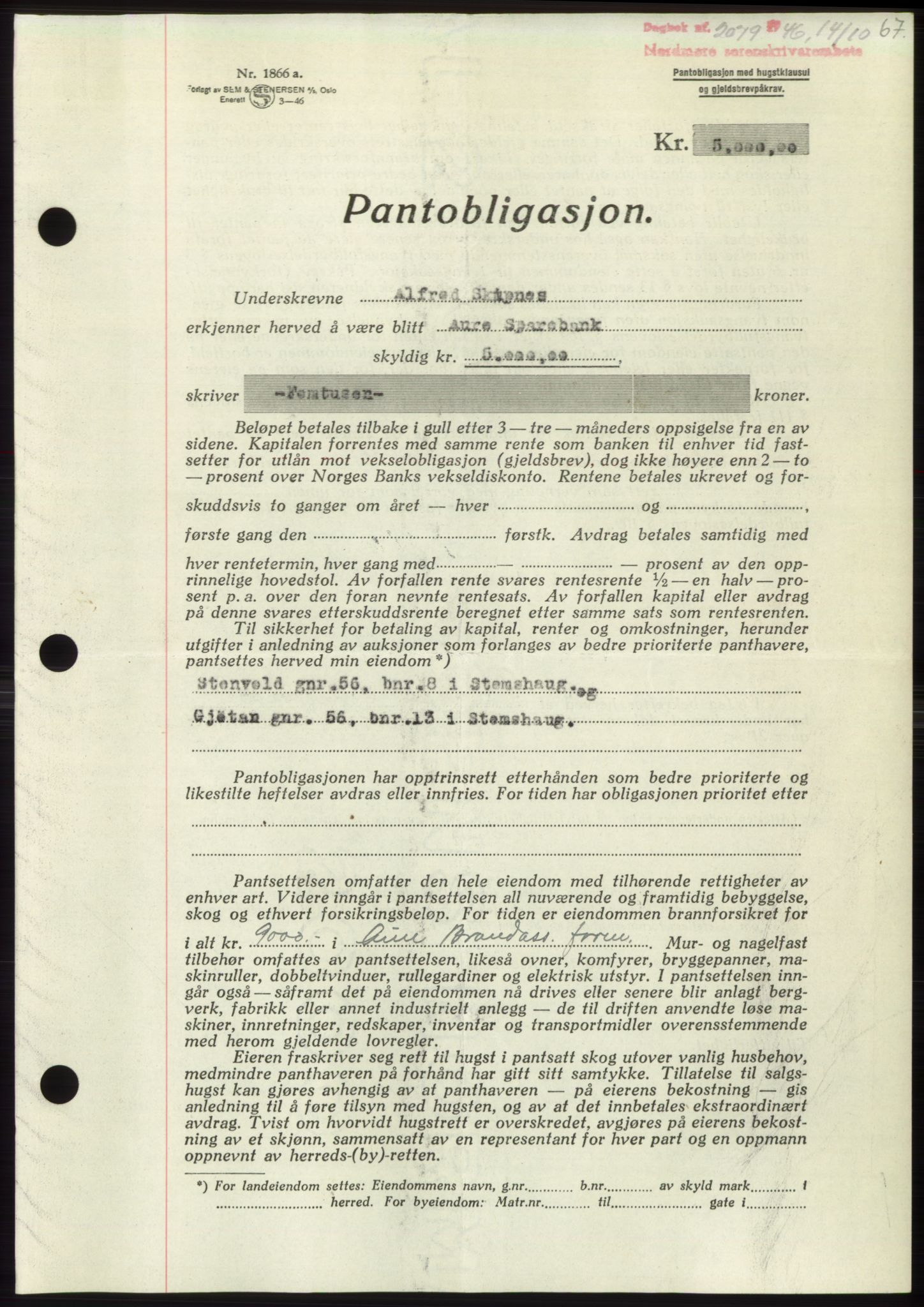 Nordmøre sorenskriveri, SAT/A-4132/1/2/2Ca: Pantebok nr. B95, 1946-1947, Dagboknr: 2079/1946