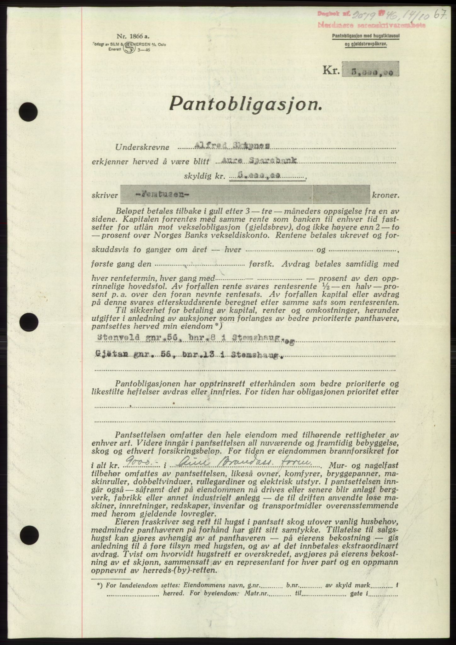 Nordmøre sorenskriveri, AV/SAT-A-4132/1/2/2Ca: Pantebok nr. B95, 1946-1947, Dagboknr: 2079/1946