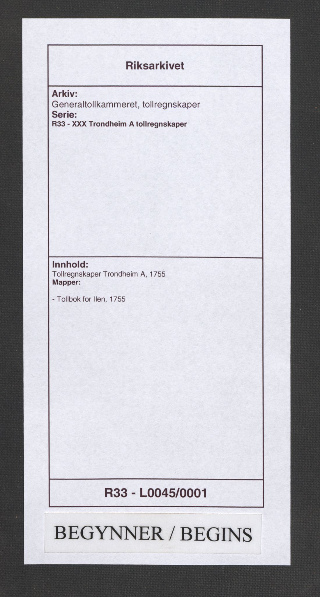 Generaltollkammeret, tollregnskaper, AV/RA-EA-5490/R33/L0045/0001: Tollregnskaper Trondheim A / Tollbok for Ilen, 1755