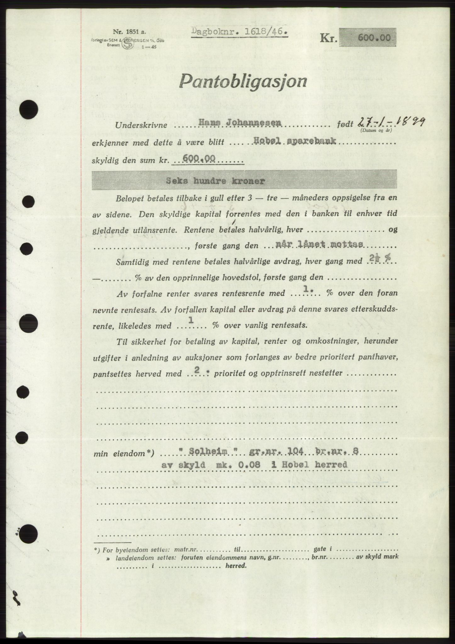 Moss sorenskriveri, SAO/A-10168: Pantebok nr. B15, 1946-1946, Dagboknr: 1618/1946