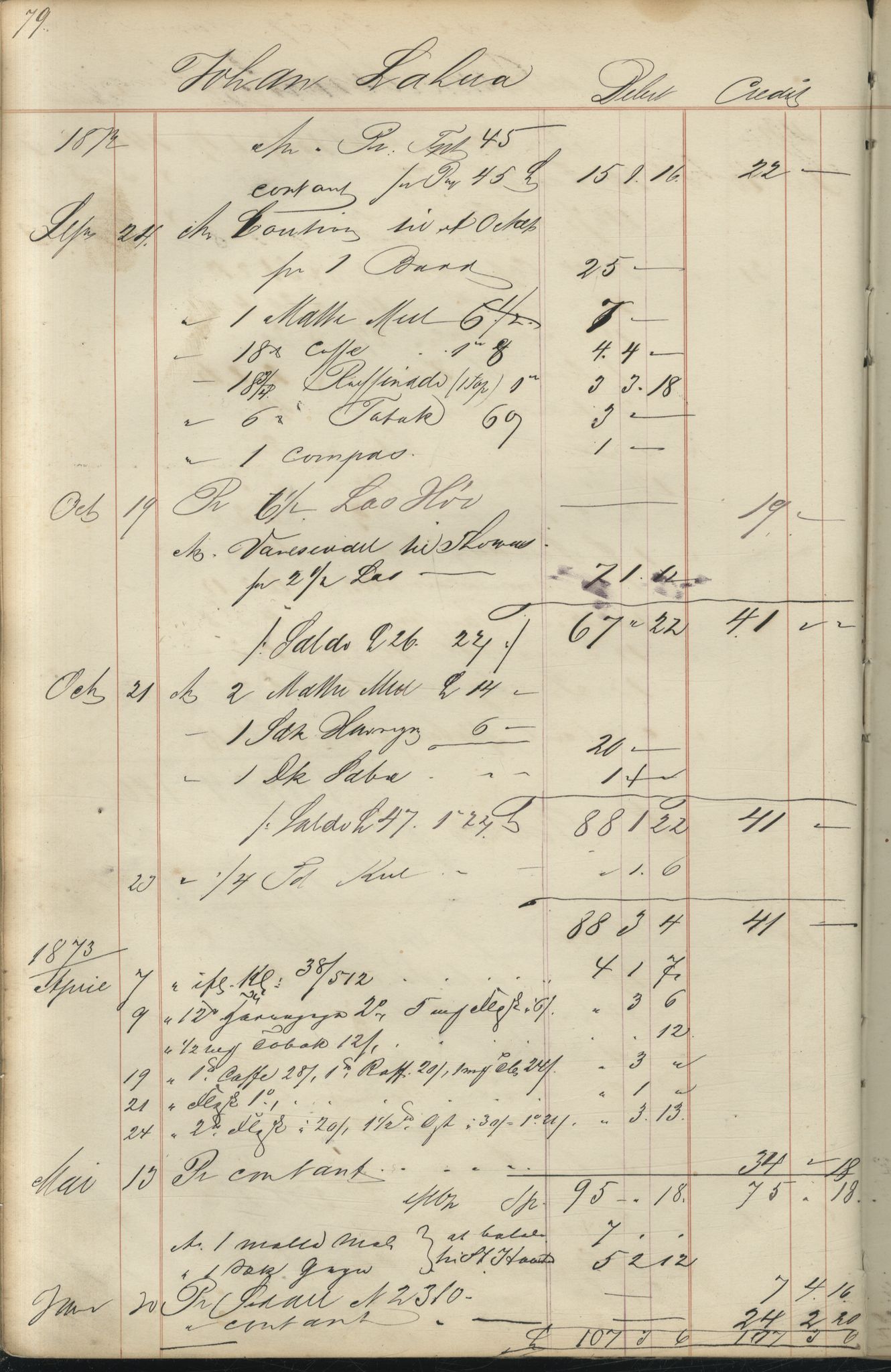 Brodtkorb handel A/S, VAMU/A-0001/F/Fc/L0001/0001: Konto for kvener og nordmenn på Kolahalvøya  / Conto for Kvæner og Nordmænd paa Russefinmarken No 1, 1868-1894, s. 79