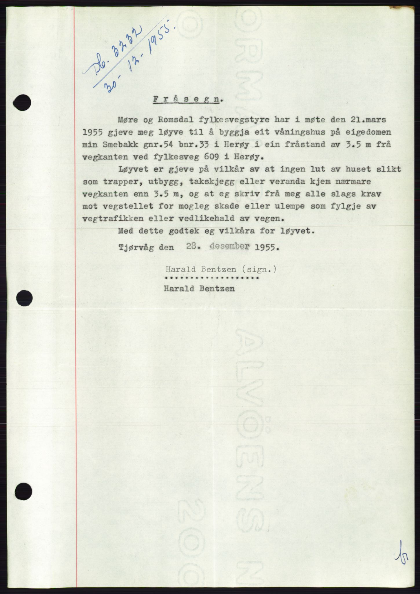 Søre Sunnmøre sorenskriveri, SAT/A-4122/1/2/2C/L0127: Pantebok nr. 15B, 1955-1955, Dagboknr: 3232/1955