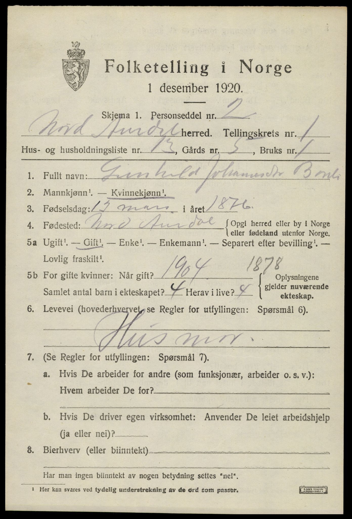 SAH, Folketelling 1920 for 0542 Nord-Aurdal herred, 1920, s. 2036