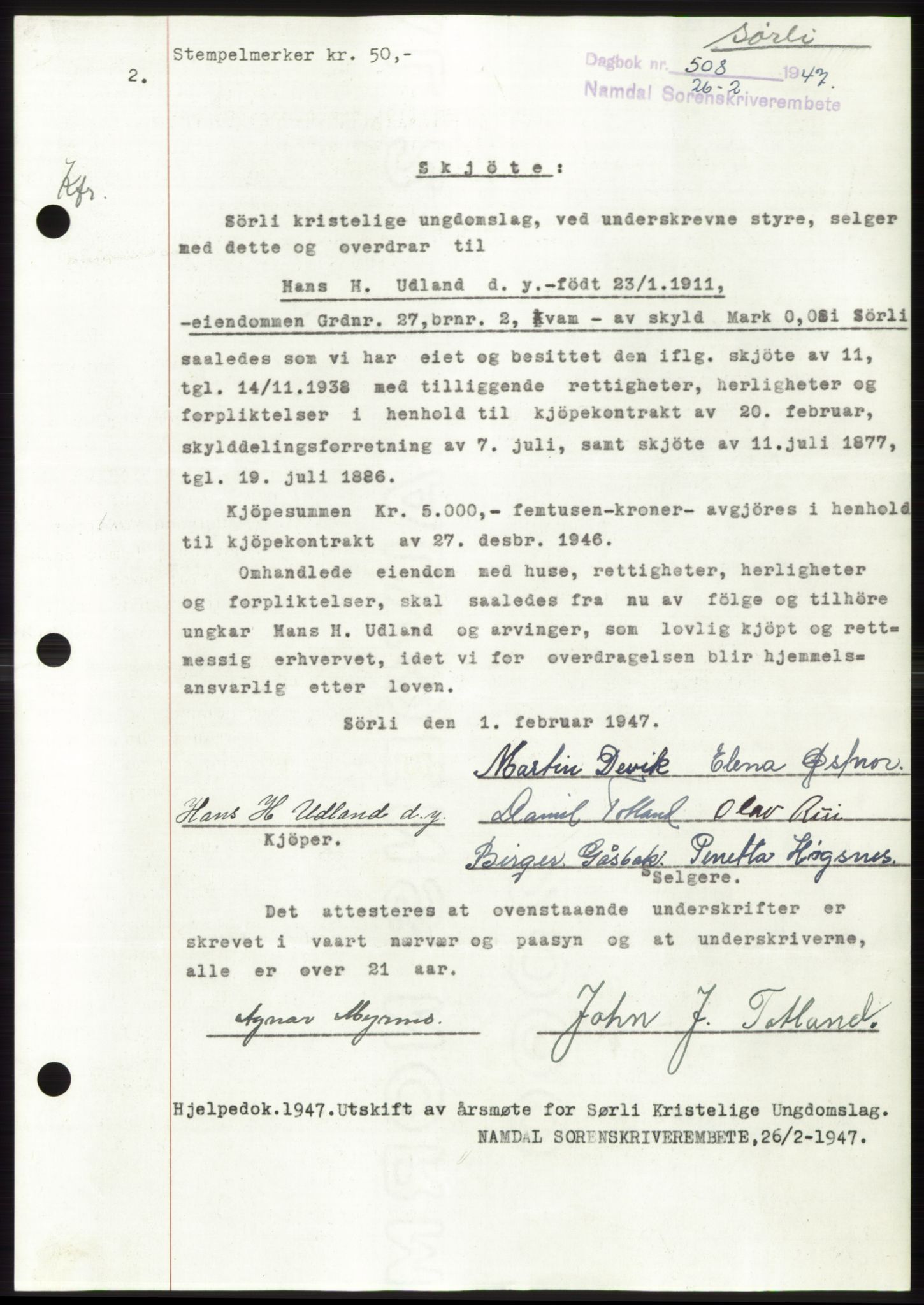 Namdal sorenskriveri, SAT/A-4133/1/2/2C: Pantebok nr. -, 1946-1947, Dagboknr: 508/1947