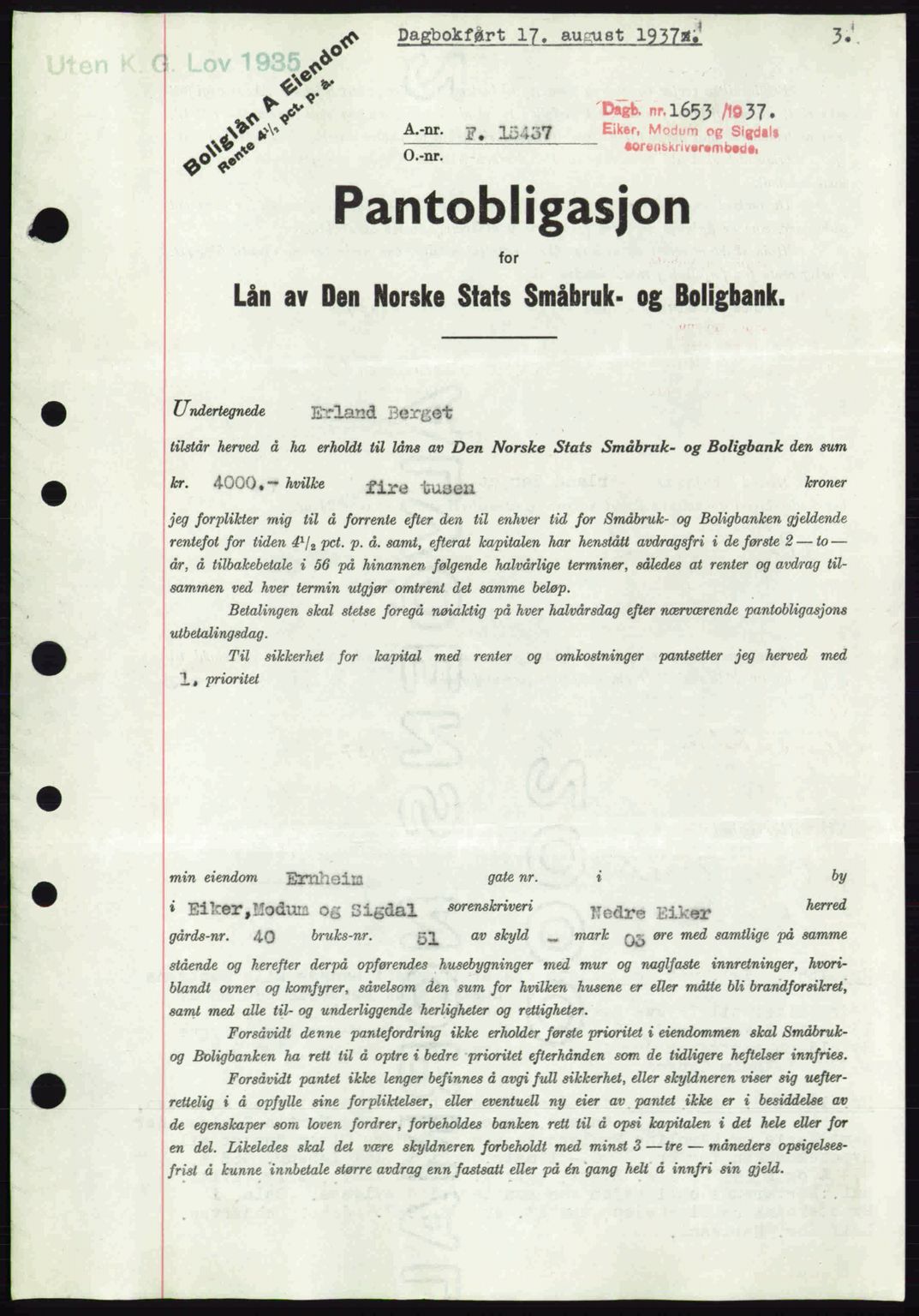 Eiker, Modum og Sigdal sorenskriveri, SAKO/A-123/G/Ga/Gab/L0036: Pantebok nr. A6, 1937-1937, Dagboknr: 1653/1937