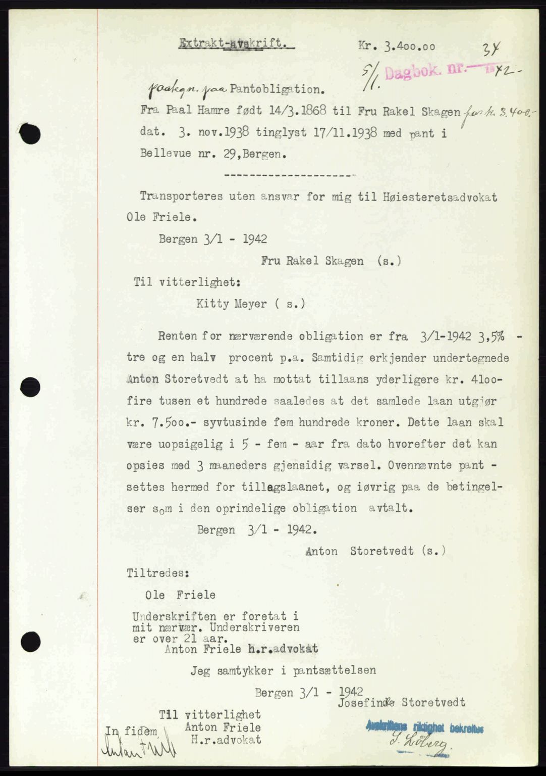 Byfogd og Byskriver i Bergen, SAB/A-3401/03/03Bd/L0001: Pantebok nr. B1-25, 1936-1945, Dagboknr: 34/1942