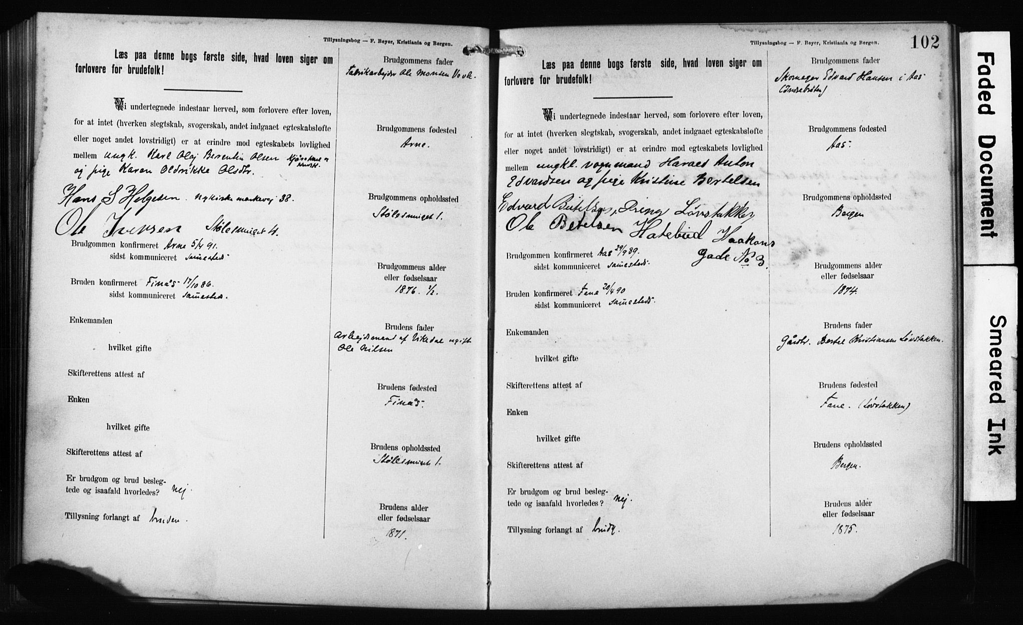 Mariakirken Sokneprestembete, SAB/A-76901: Forlovererklæringer nr. II.5.1, 1891-1901, s. 102