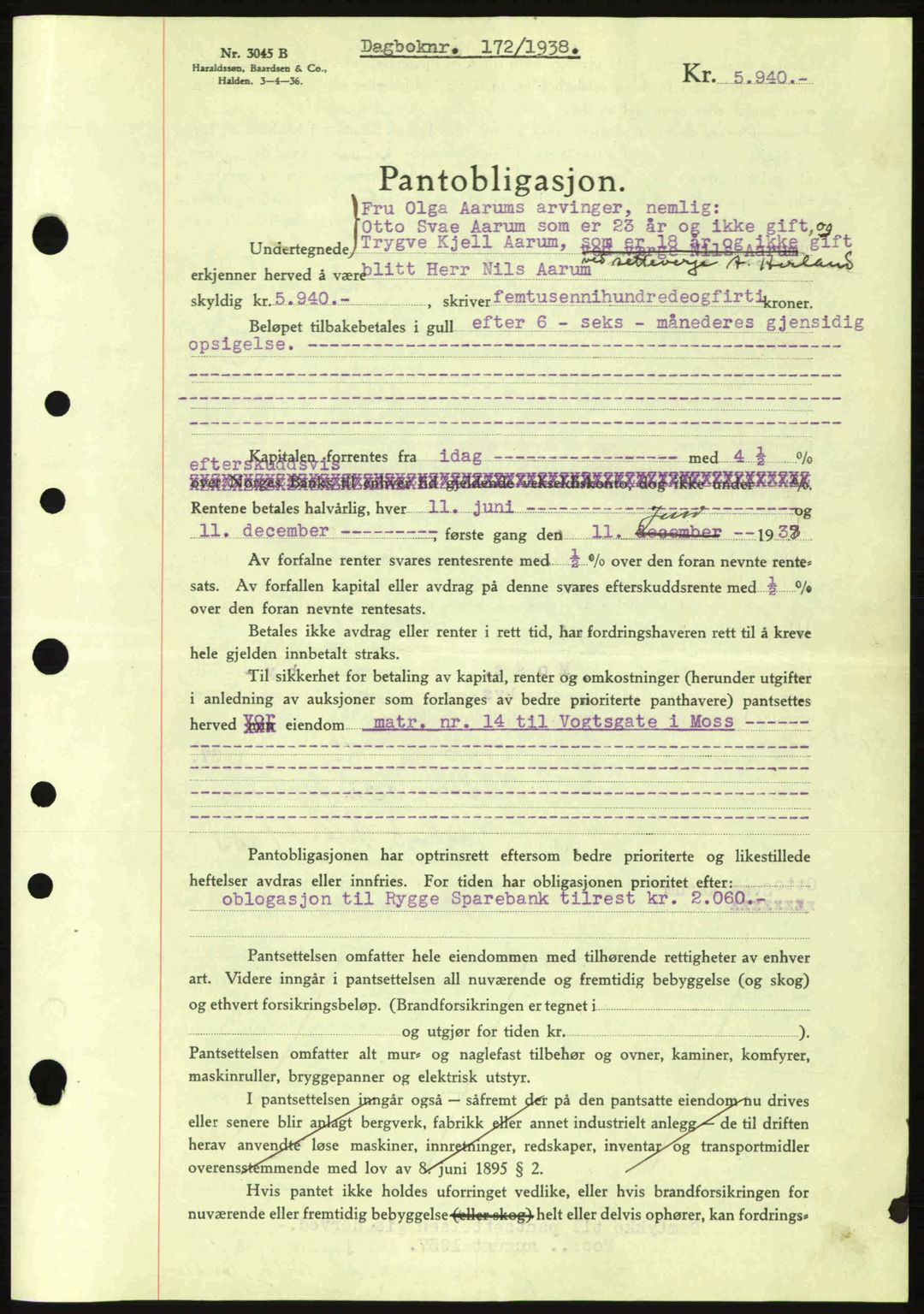 Moss sorenskriveri, SAO/A-10168: Pantebok nr. B4, 1937-1938, Dagboknr: 172/1938