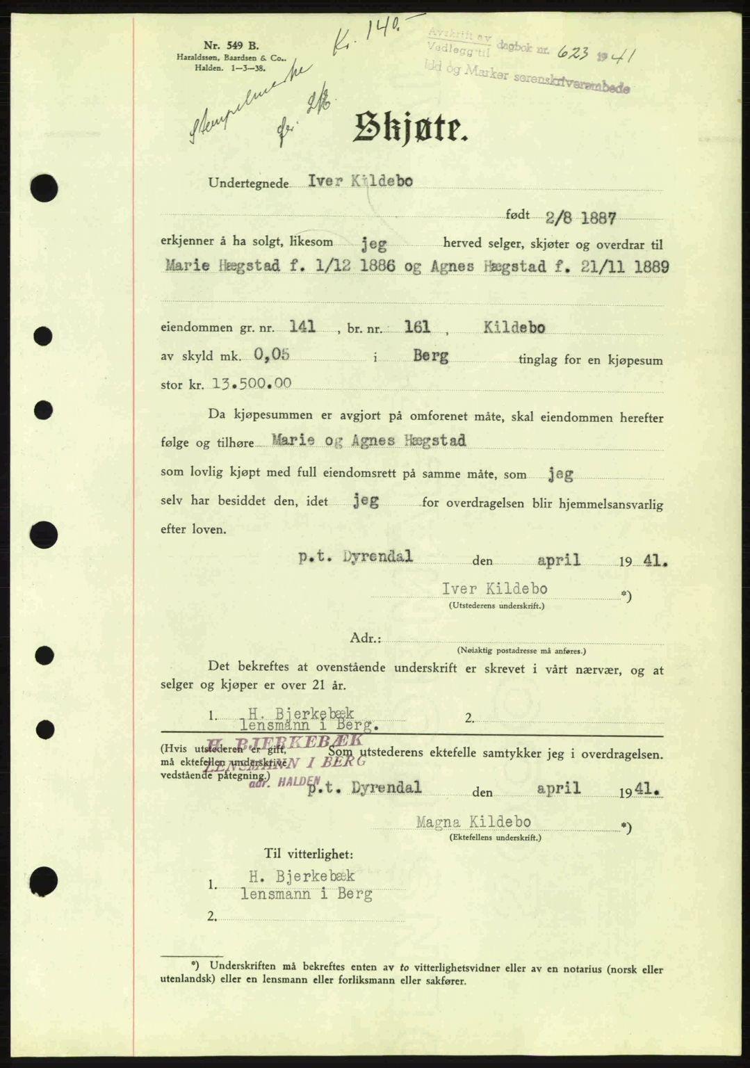 Idd og Marker sorenskriveri, AV/SAO-A-10283/G/Gb/Gbb/L0004: Pantebok nr. A4, 1940-1941, Dagboknr: 623/1941