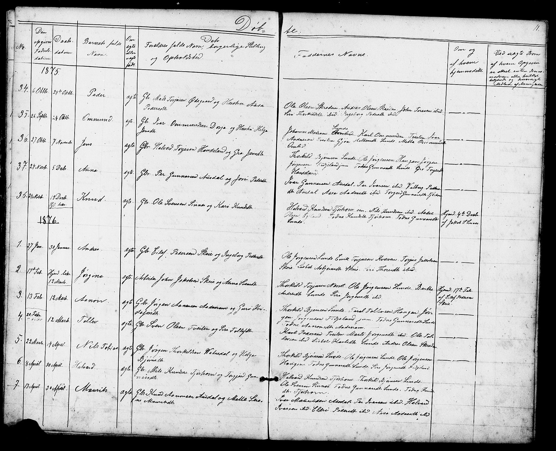 Sirdal sokneprestkontor, AV/SAK-1111-0036/F/Fb/Fba/L0001: Klokkerbok nr. B 1, 1872-1905, s. 11