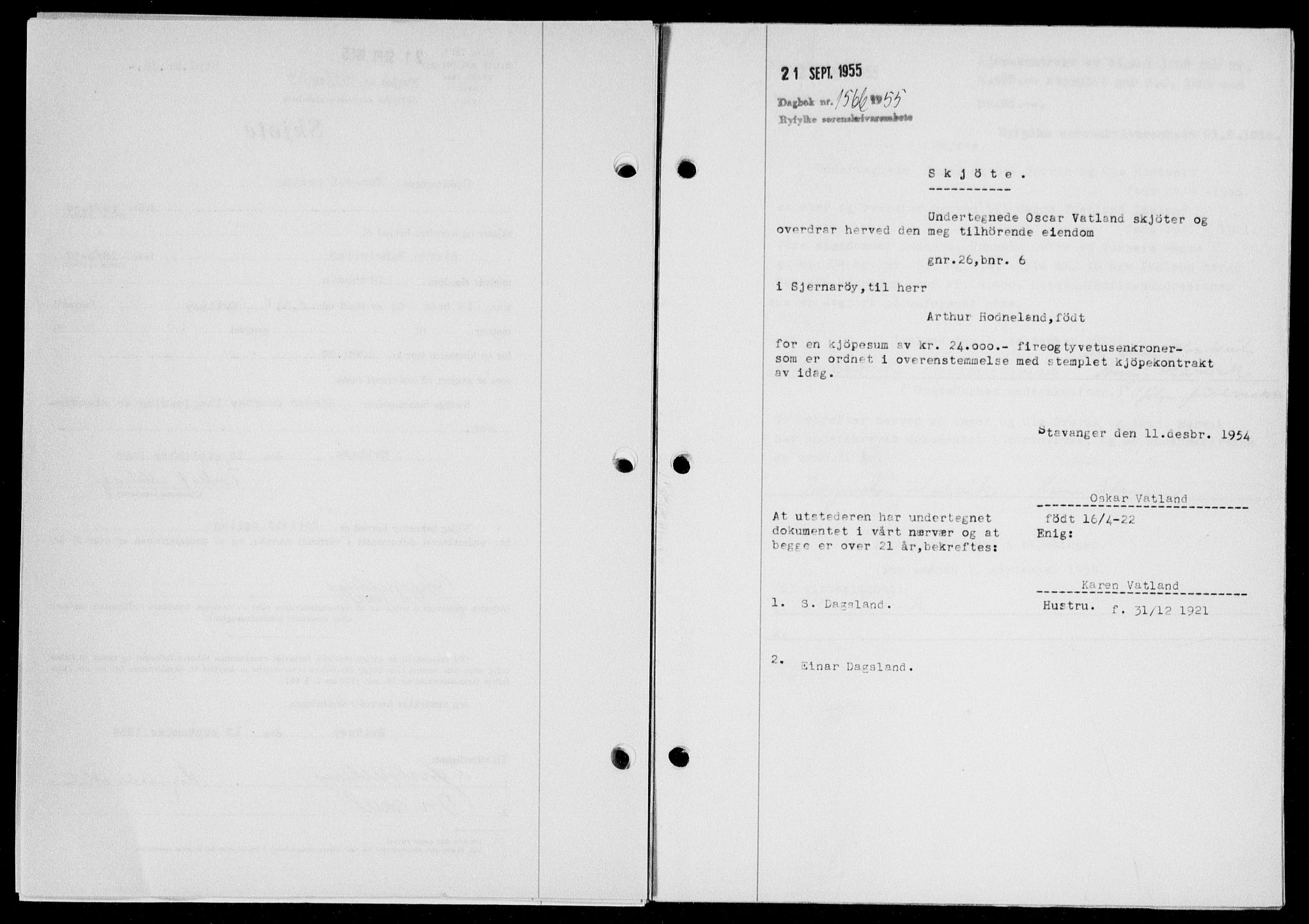 Ryfylke tingrett, SAST/A-100055/001/II/IIB/L0130: Pantebok nr. 109, 1955-1955, Dagboknr: 1566/1955