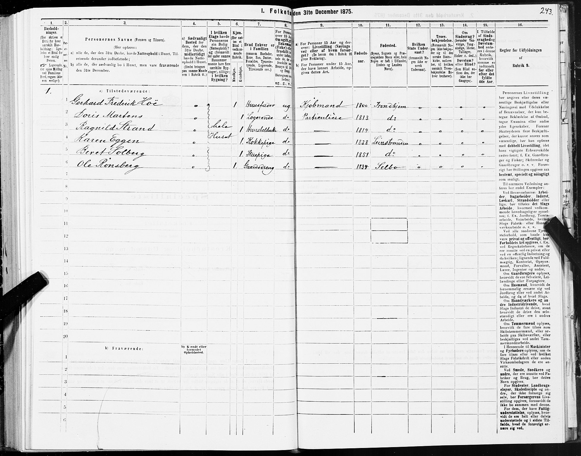 SAT, Folketelling 1875 for 1601 Trondheim kjøpstad, 1875, s. 3243