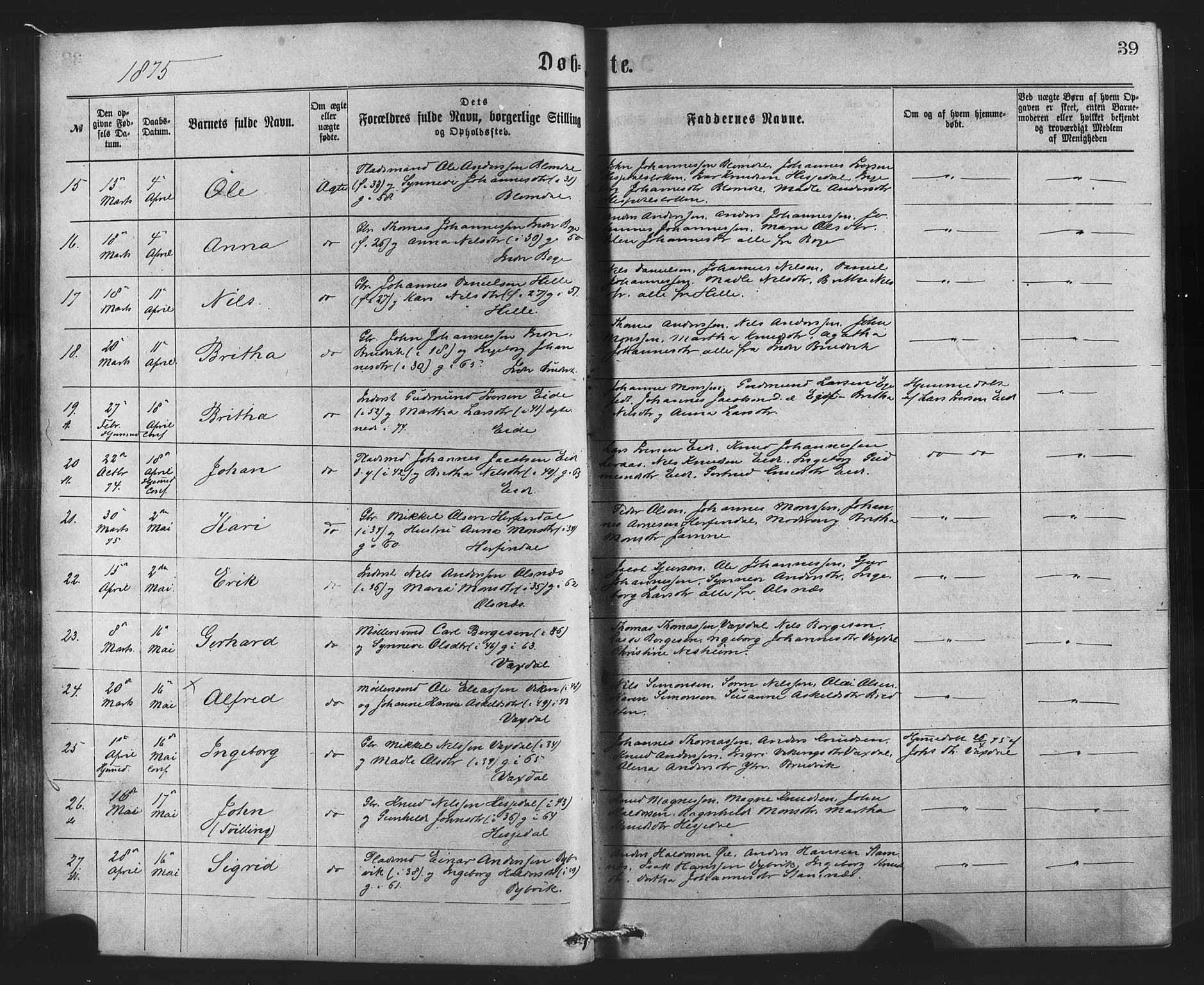 Bruvik Sokneprestembete, AV/SAB-A-74701/H/Haa: Ministerialbok nr. A 1, 1869-1877, s. 39