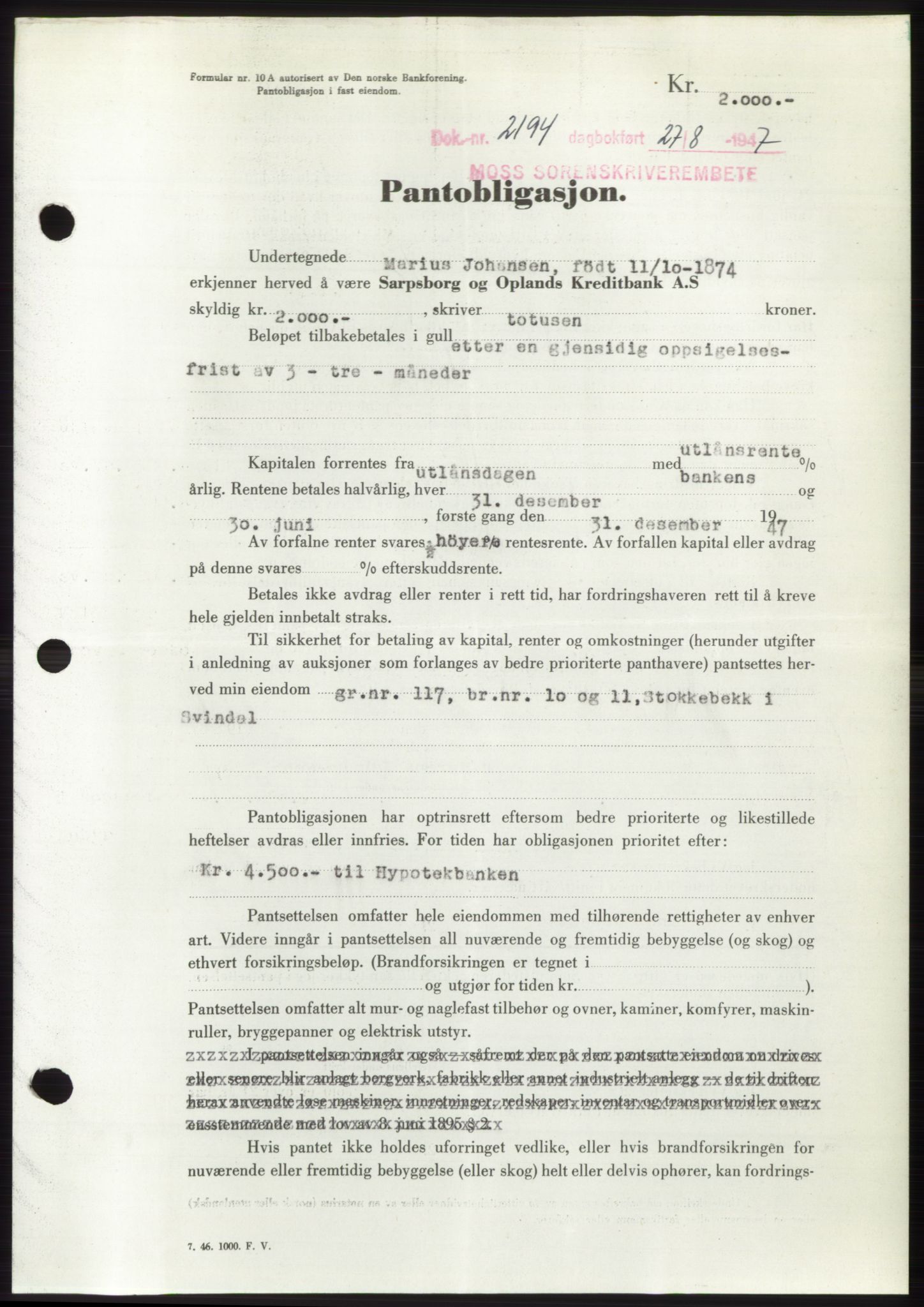 Moss sorenskriveri, SAO/A-10168: Pantebok nr. B17, 1947-1947, Dagboknr: 2194/1947