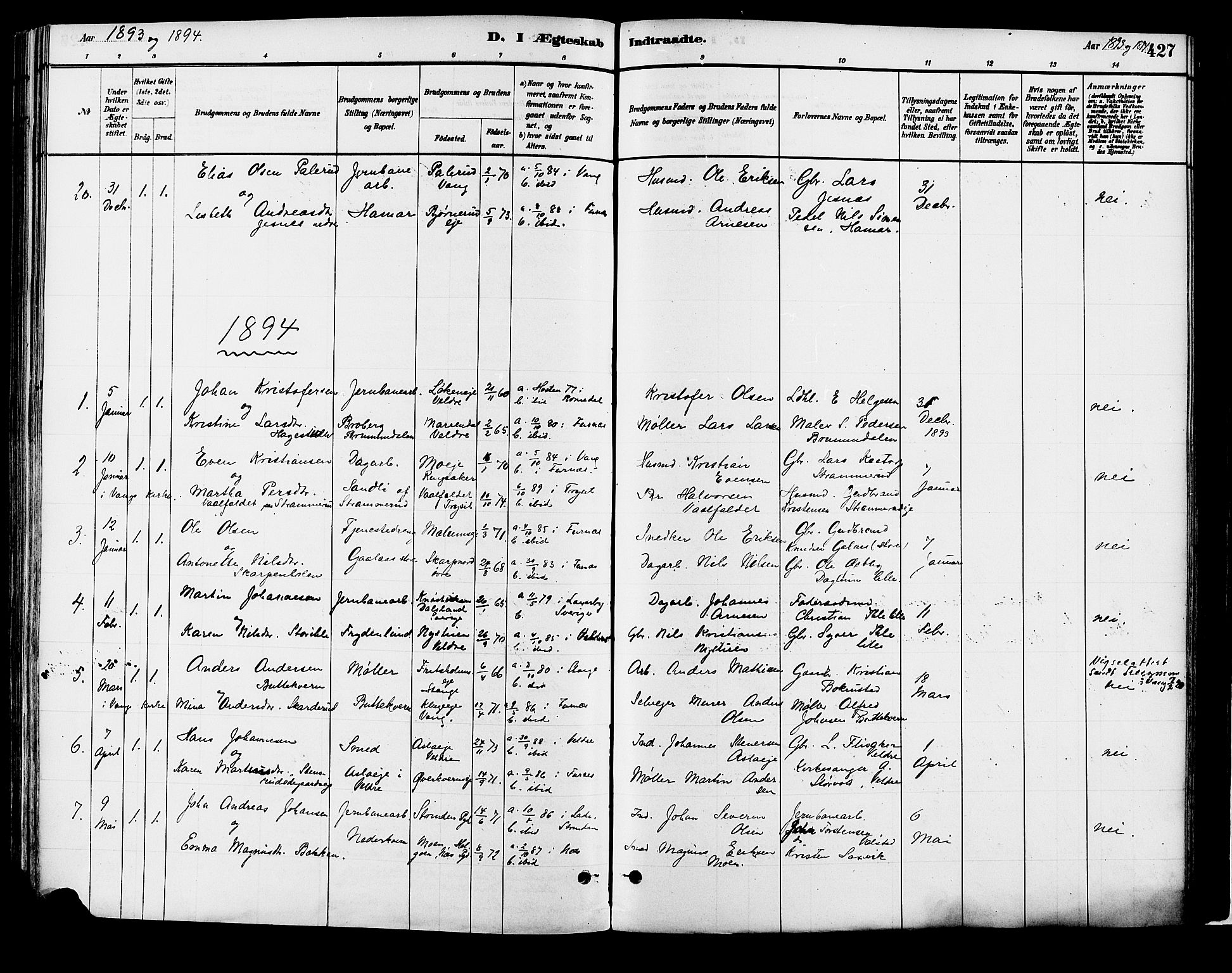 Vang prestekontor, Hedmark, AV/SAH-PREST-008/H/Ha/Haa/L0018B: Ministerialbok nr. 18B, 1880-1906, s. 427