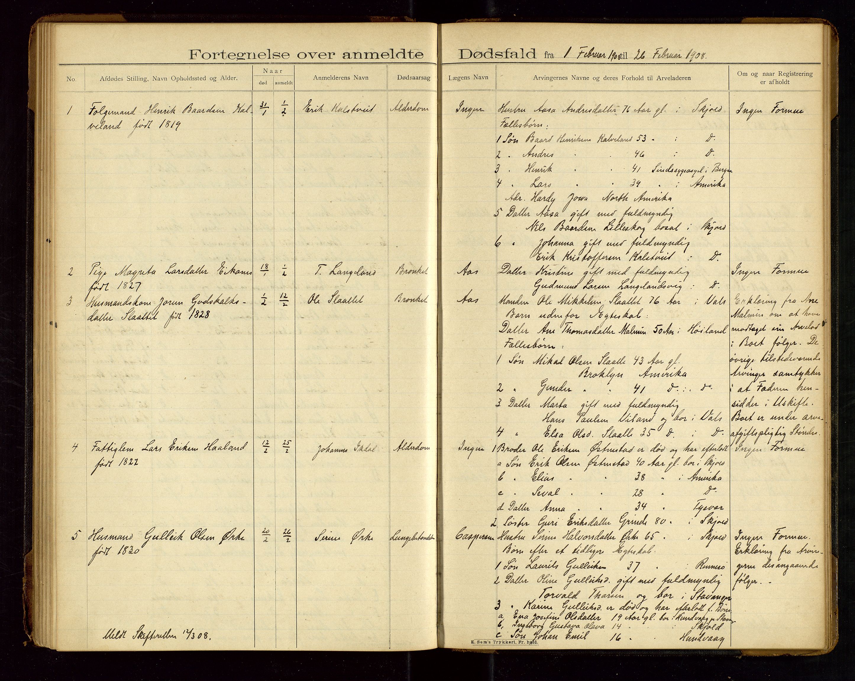 Skjold lensmannskontor, AV/SAST-A-100182/Gga/L0002: "Fortegnelse over anmeldte Dødsfald i Skjolds Lensmandsdistrikt", 1900-1912