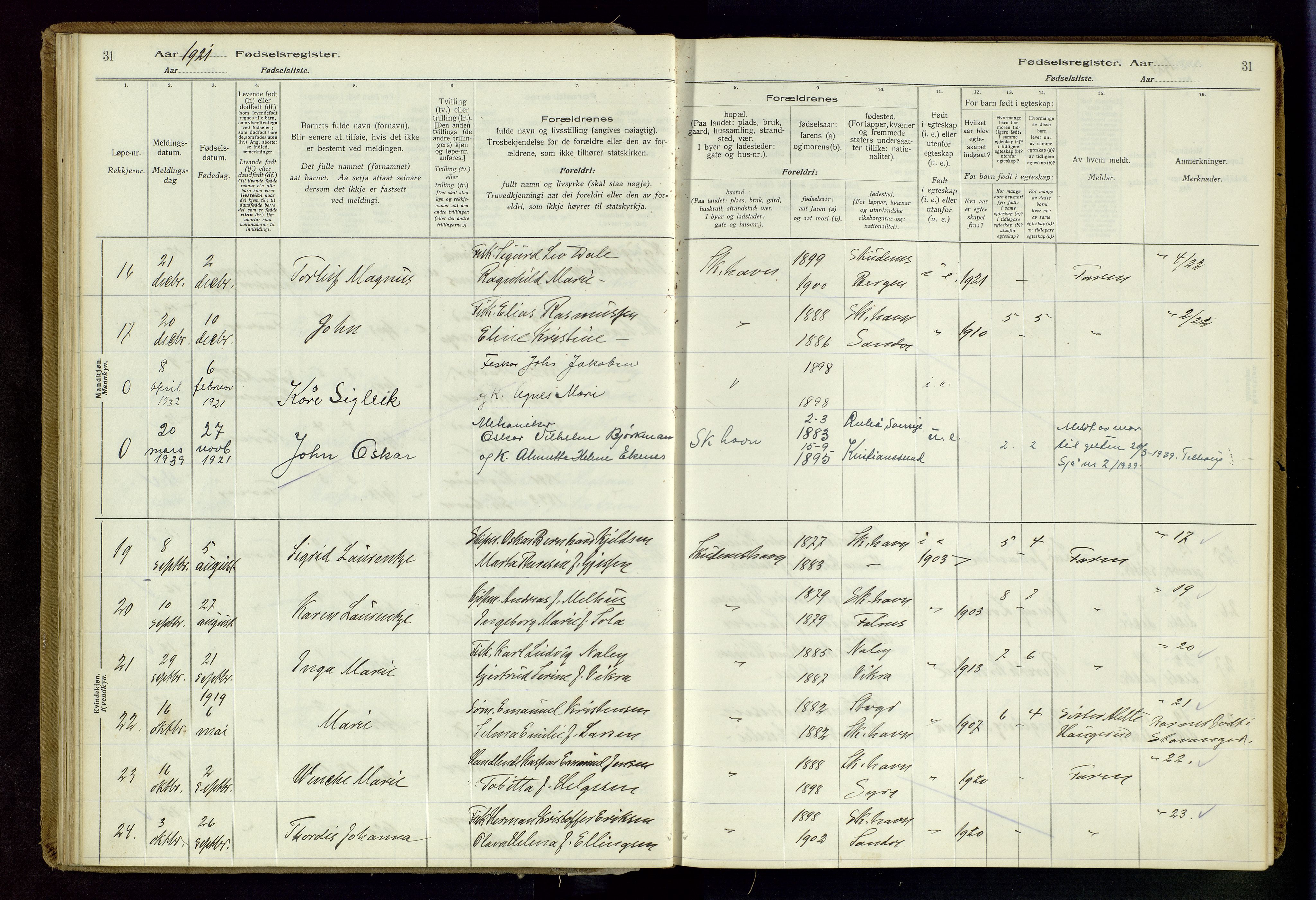 Skudenes sokneprestkontor, AV/SAST-A -101849/I/Id/L0003: Fødselsregister nr. 3, 1916-1964, s. 31