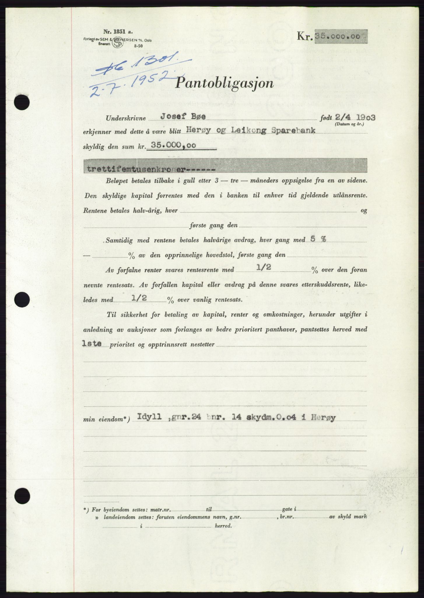 Søre Sunnmøre sorenskriveri, AV/SAT-A-4122/1/2/2C/L0121: Pantebok nr. 9B, 1951-1952, Dagboknr: 1301/1952