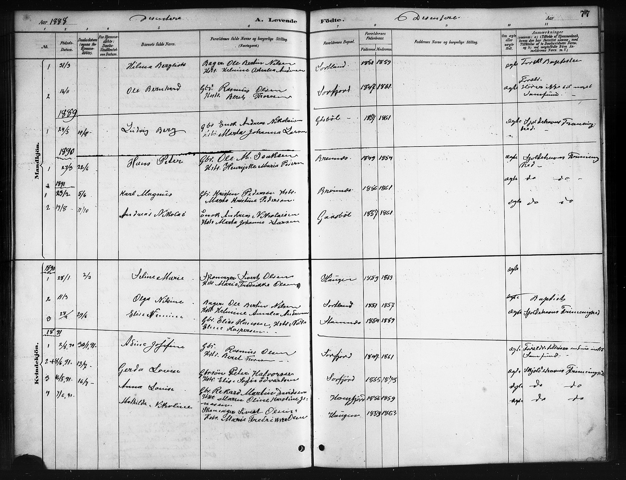 Ministerialprotokoller, klokkerbøker og fødselsregistre - Nordland, SAT/A-1459/895/L1382: Klokkerbok nr. 895C04, 1885-1896, s. 77