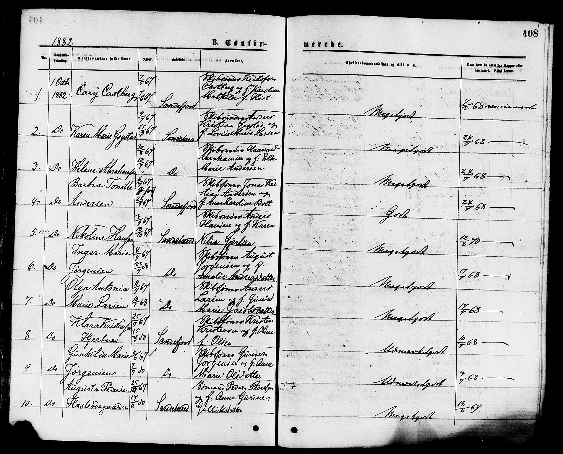 Sandar kirkebøker, AV/SAKO-A-243/F/Fa/L0010: Ministerialbok nr. 10, 1872-1882, s. 408