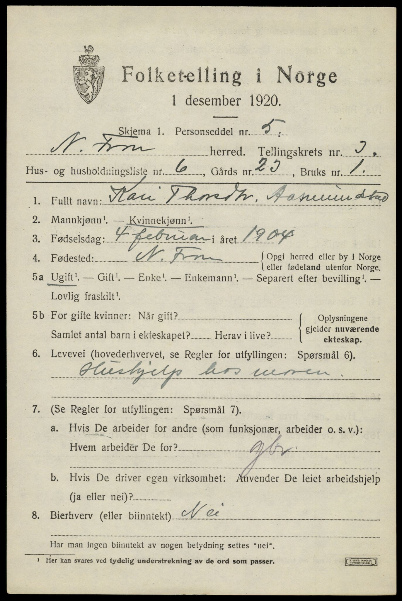 SAH, Folketelling 1920 for 0518 Nord-Fron herred, 1920, s. 3116