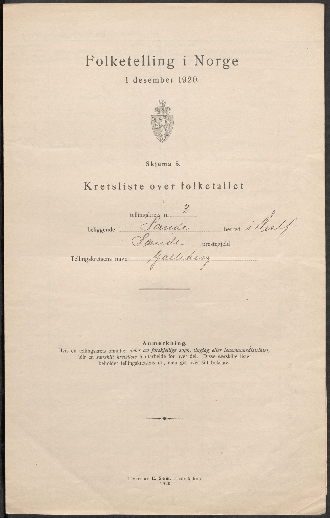 SAKO, Folketelling 1920 for 0713 Sande herred, 1920, s. 17