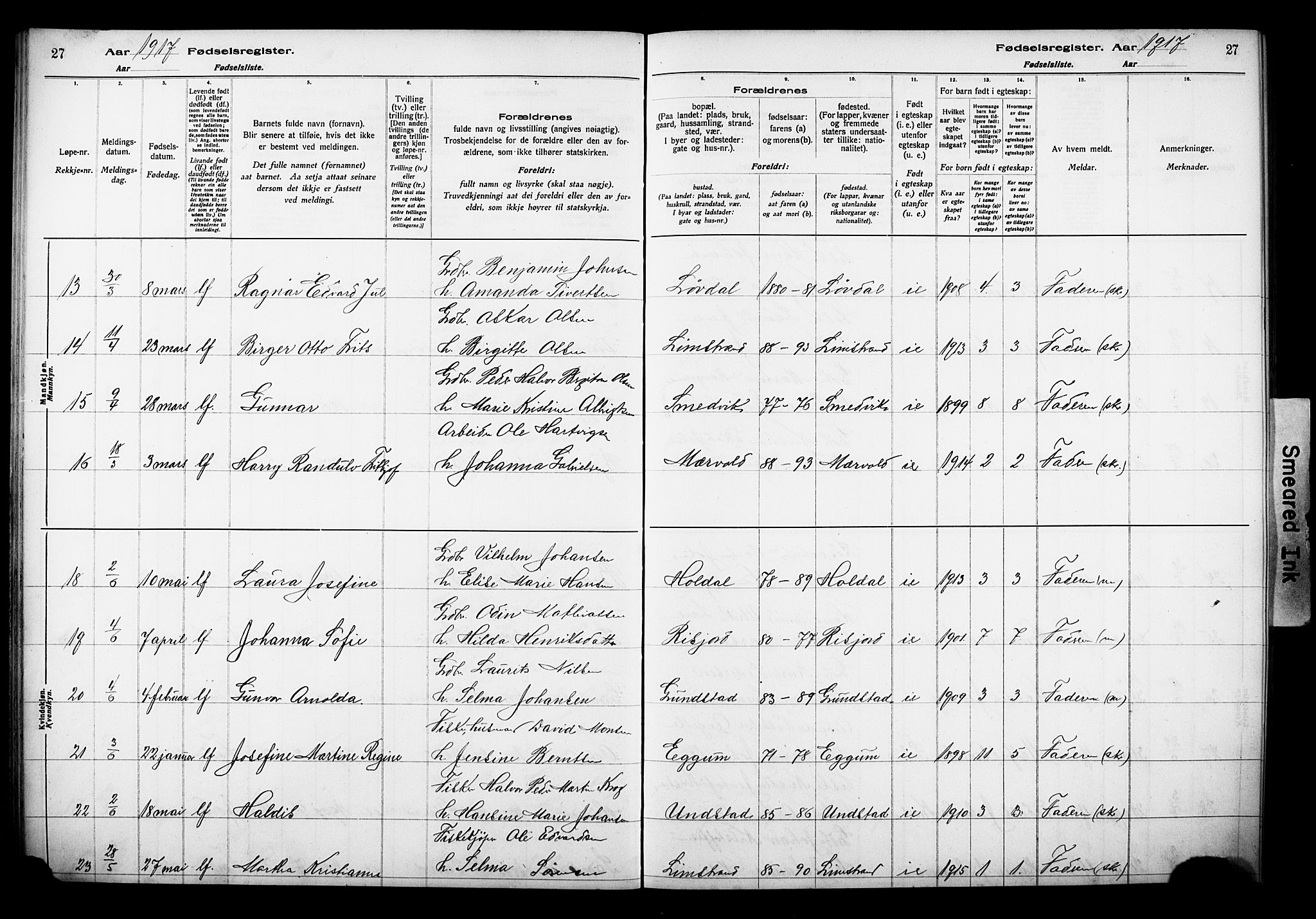 Ministerialprotokoller, klokkerbøker og fødselsregistre - Nordland, AV/SAT-A-1459/880/L1145: Fødselsregister nr. 880.II.4.1, 1916-1929, s. 27