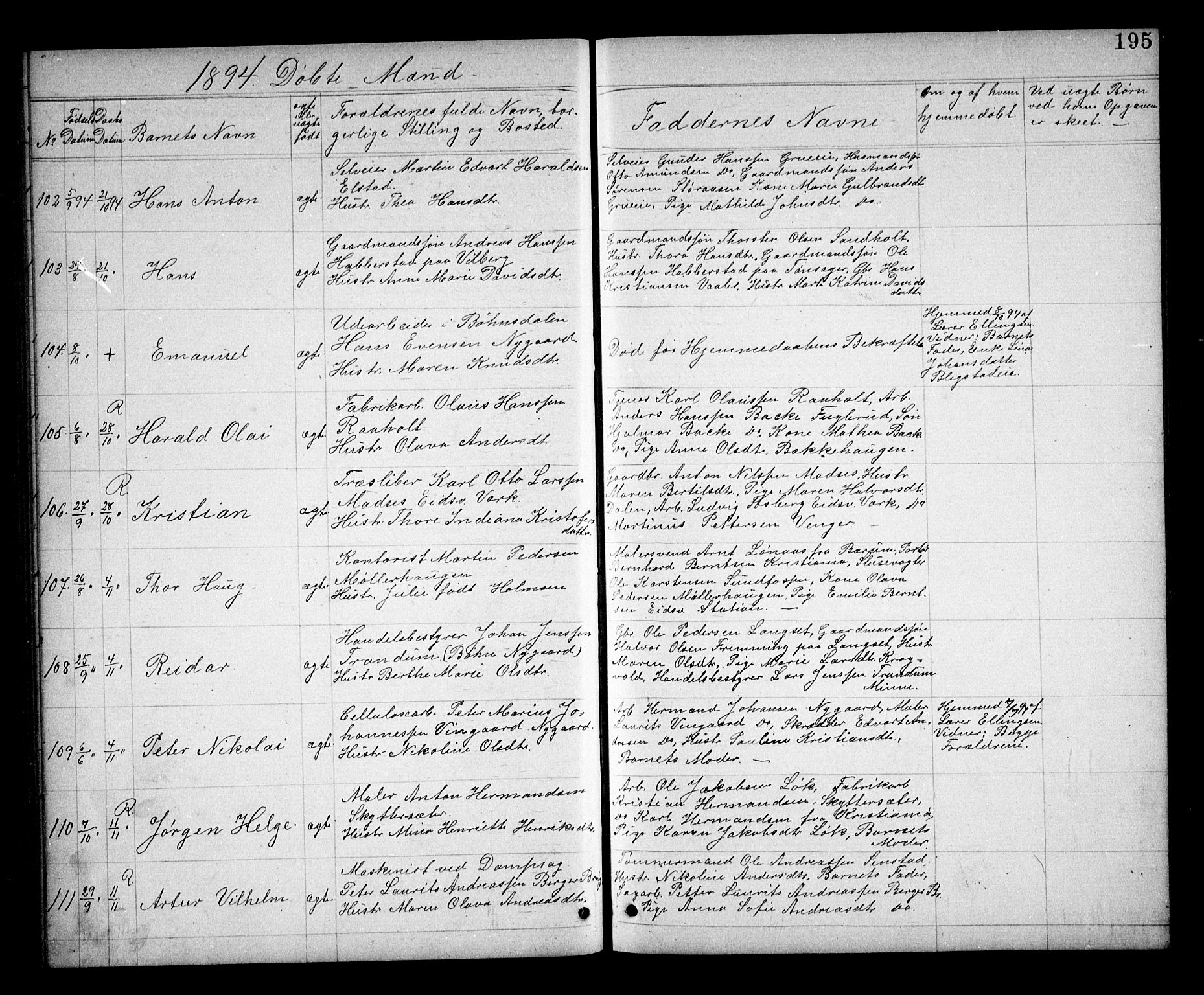 Eidsvoll prestekontor Kirkebøker, AV/SAO-A-10888/G/Ga/L0005: Klokkerbok nr. I 5, 1884-1894, s. 195
