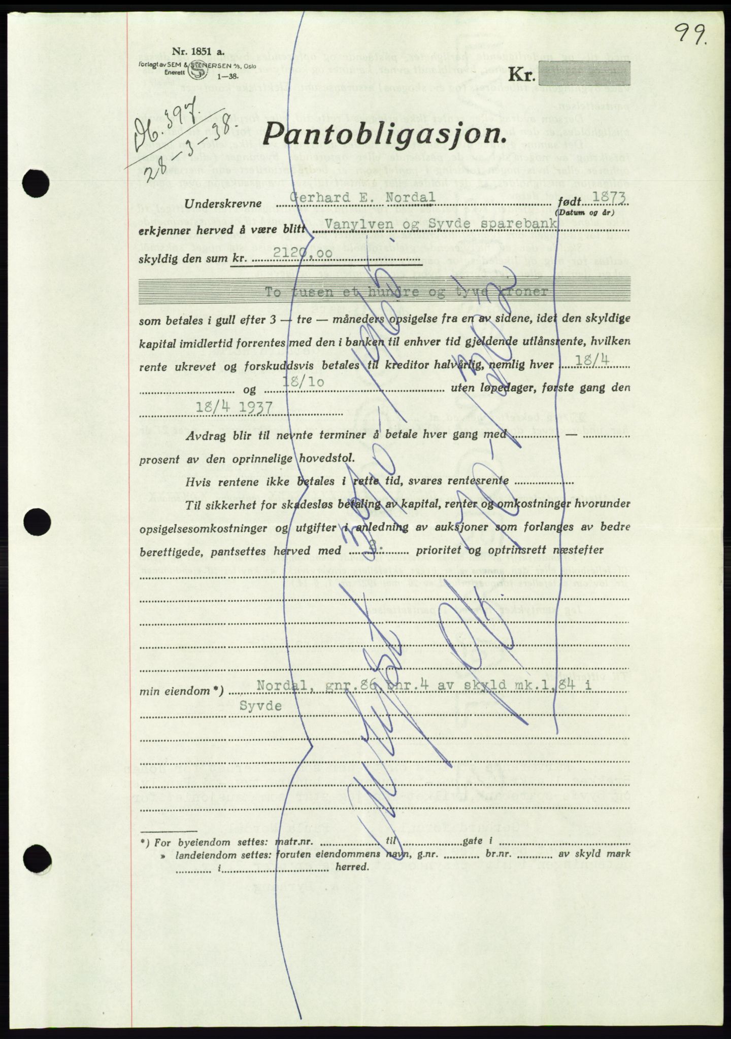 Søre Sunnmøre sorenskriveri, AV/SAT-A-4122/1/2/2C/L0065: Pantebok nr. 59, 1938-1938, Dagboknr: 397/1938