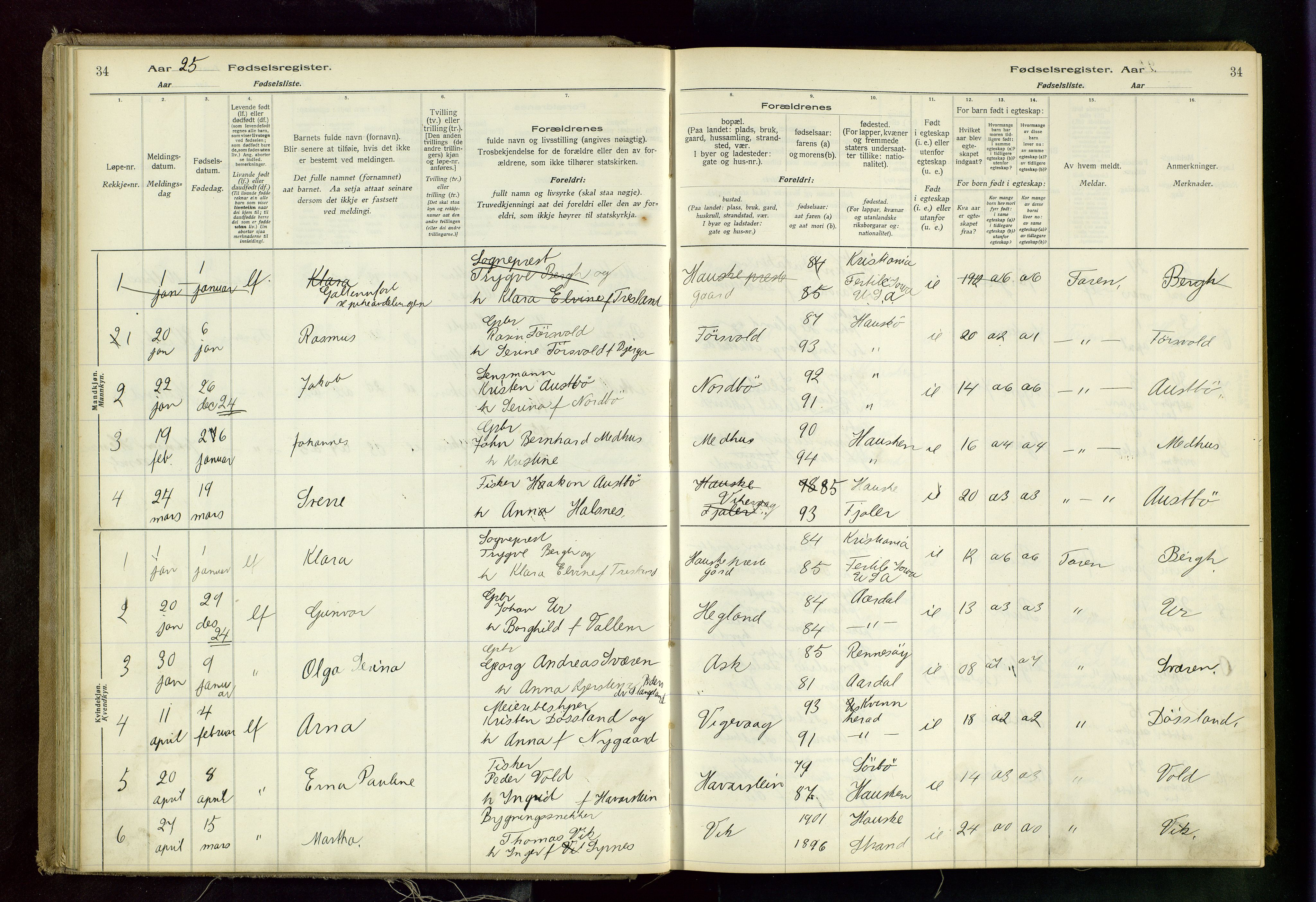 Rennesøy sokneprestkontor, AV/SAST-A -101827/I/Id/L0001: Fødselsregister nr. 1, 1916-1982, s. 34