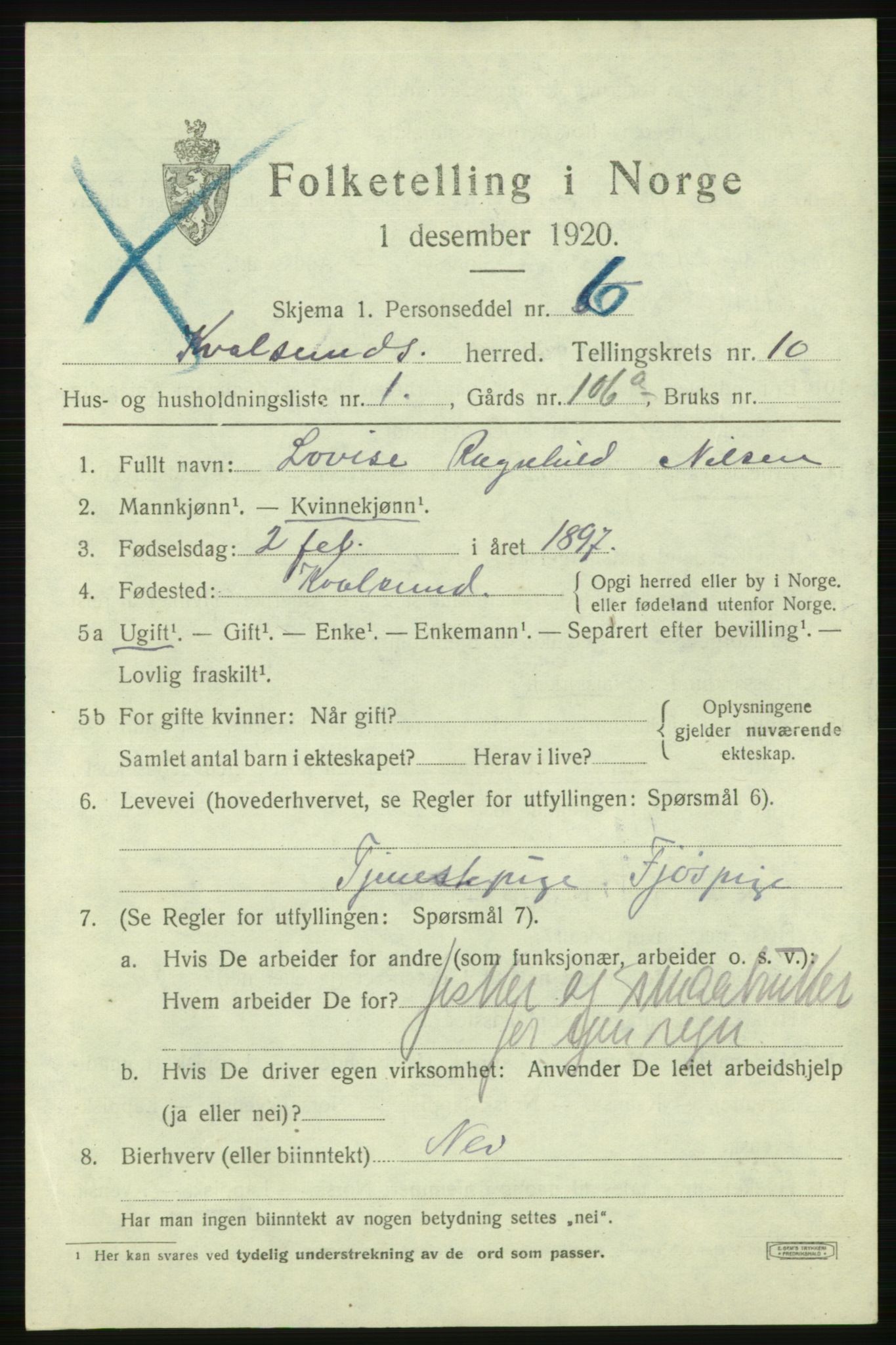 SATØ, Folketelling 1920 for 2017 Kvalsund herred, 1920, s. 2916