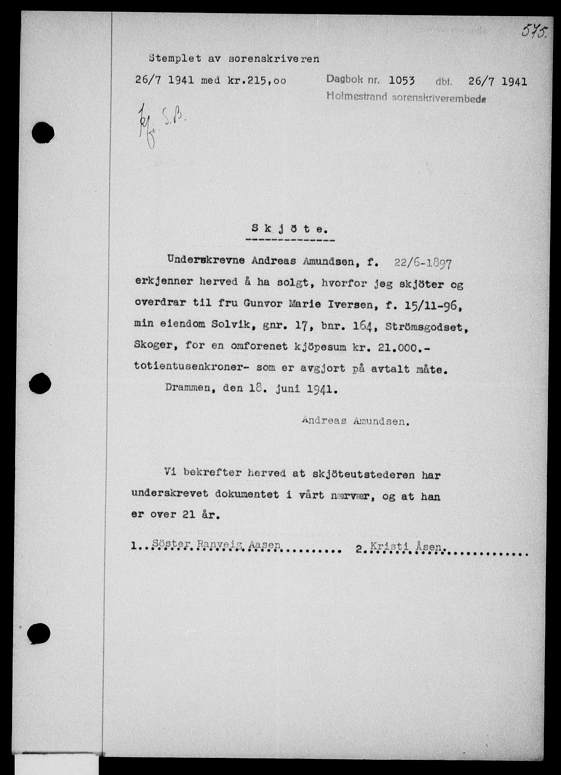 Holmestrand sorenskriveri, SAKO/A-67/G/Ga/Gaa/L0053: Pantebok nr. A-53, 1941-1941, Dagboknr: 1053/1941