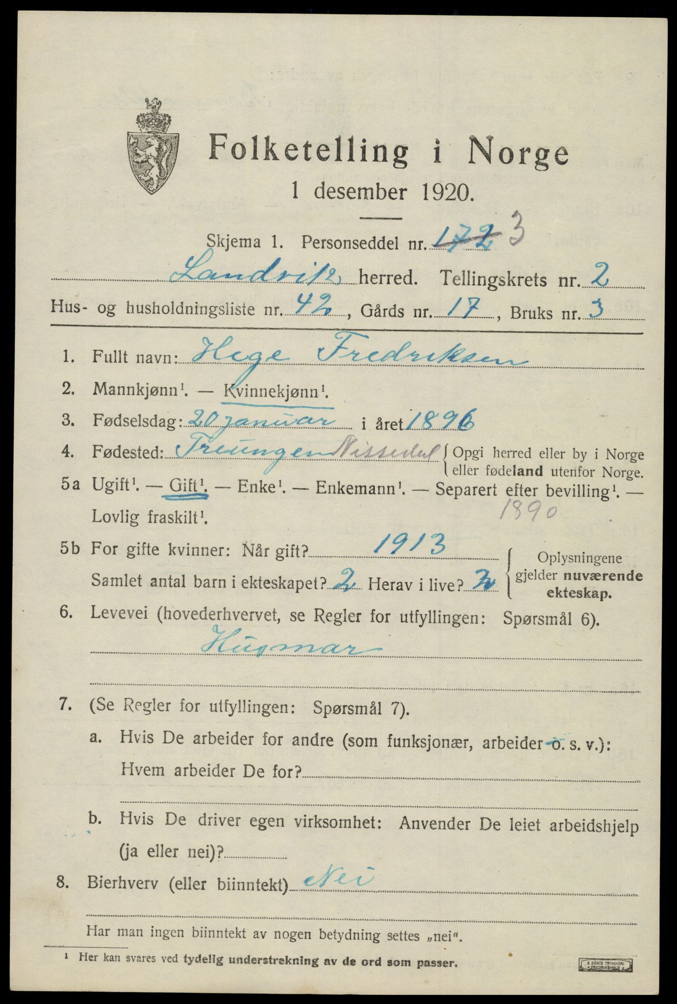 SAK, Folketelling 1920 for 0924 Landvik herred, 1920, s. 2110