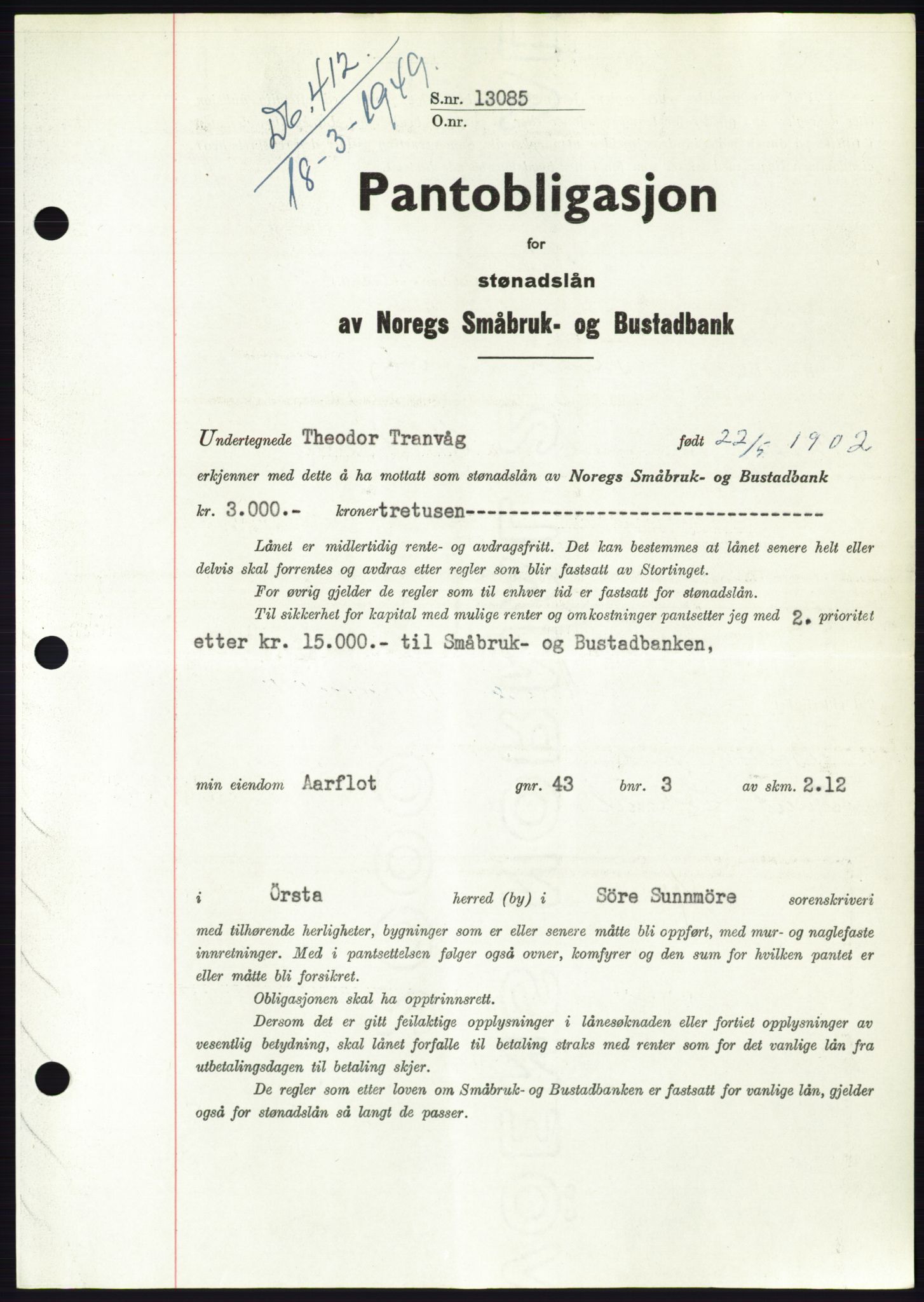 Søre Sunnmøre sorenskriveri, SAT/A-4122/1/2/2C/L0116: Pantebok nr. 4B, 1948-1949, Dagboknr: 412/1949