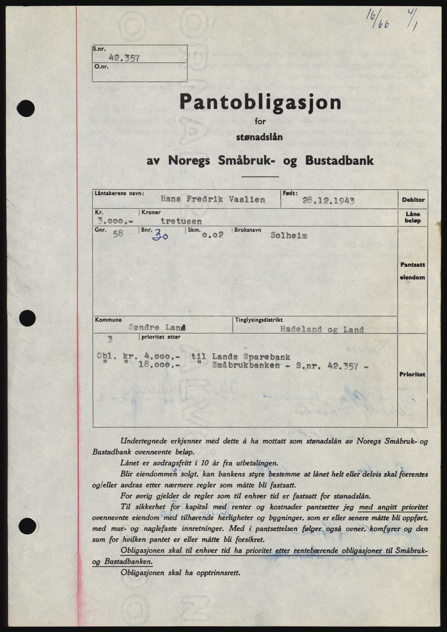 Hadeland og Land tingrett, SAH/TING-010/H/Hb/Hbc/L0061: Pantebok nr. B61, 1965-1966, Dagboknr: 16/1966