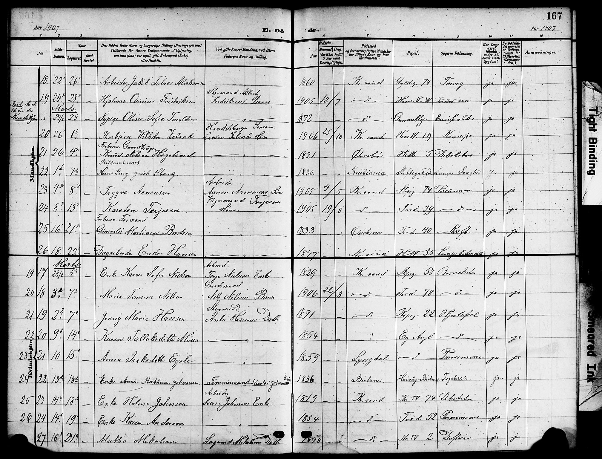 Kristiansand domprosti, AV/SAK-1112-0006/F/Fb/L0020: Klokkerbok nr. B 20, 1906-1915, s. 167