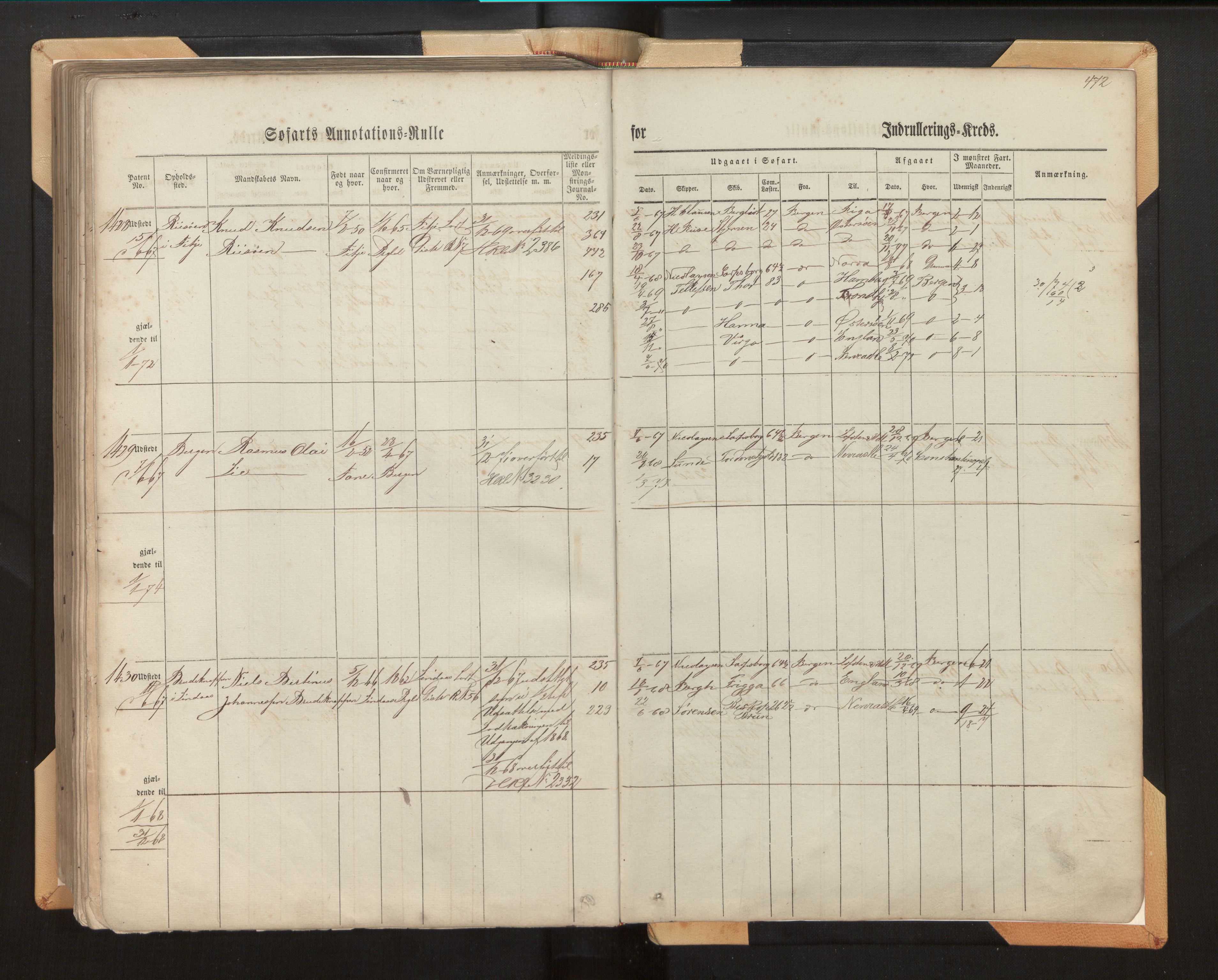 Innrulleringssjefen i Bergen, AV/SAB-A-100050/F/Fh/L0006: Sjøfarts- og annotasjonsrulle for Bergen krets, fol. 239 - ut, 1860-1867, s. 472