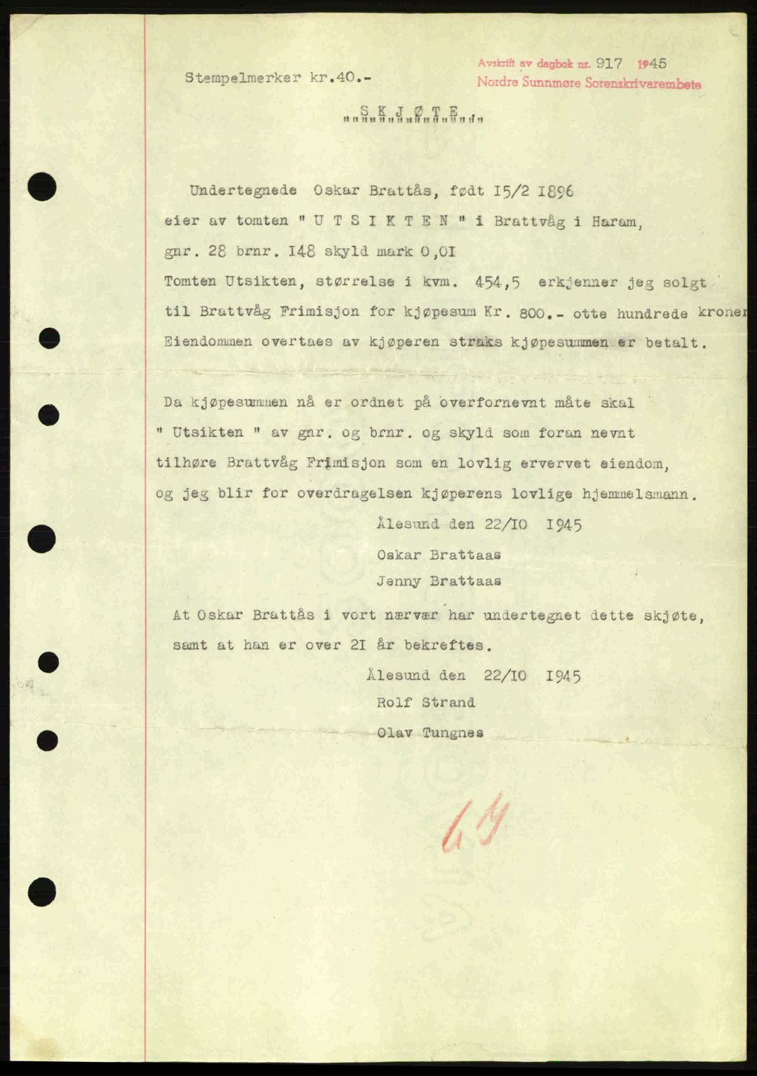 Nordre Sunnmøre sorenskriveri, SAT/A-0006/1/2/2C/2Ca: Pantebok nr. A20a, 1945-1945, Dagboknr: 917/1945