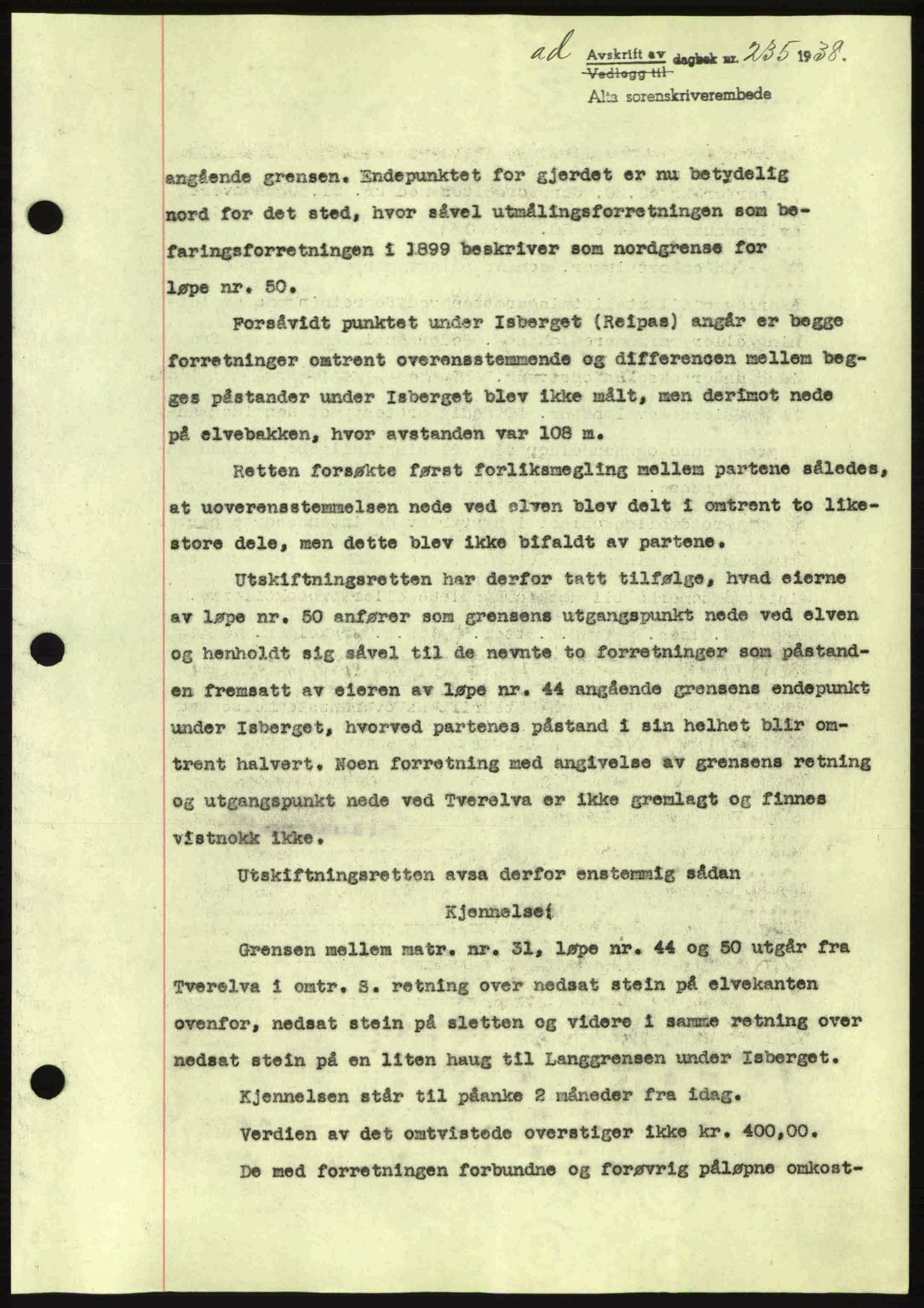Alta fogderi/sorenskriveri, SATØ/SATØ-5/1/K/Kd/L0031pantebok: Pantebok nr. 31, 1938-1939, Dagboknr: 235/1938