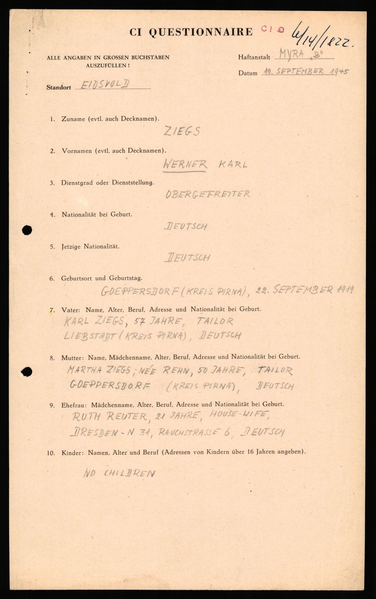 Forsvaret, Forsvarets overkommando II, AV/RA-RAFA-3915/D/Db/L0037: CI Questionaires. Tyske okkupasjonsstyrker i Norge. Tyskere., 1945-1946, s. 314