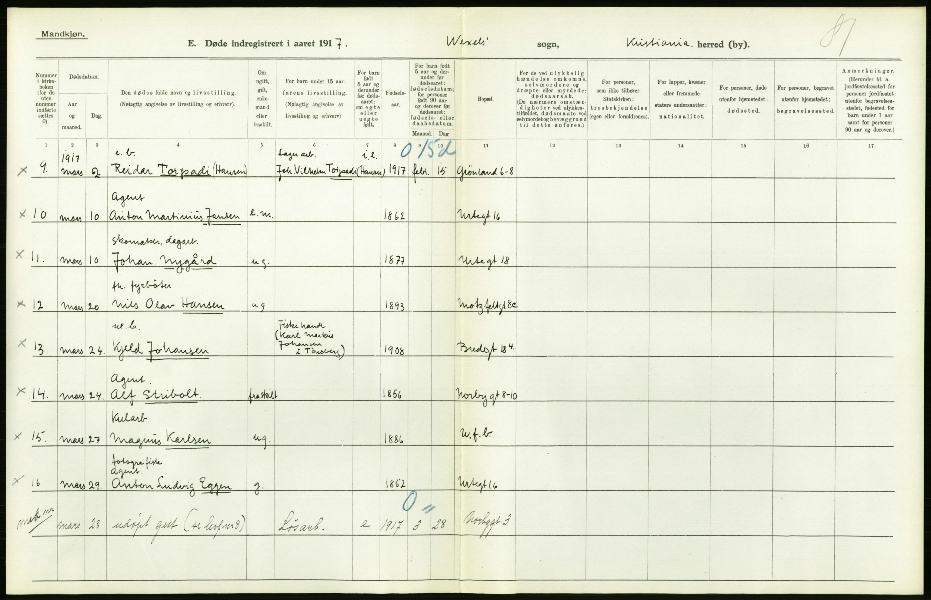 Statistisk sentralbyrå, Sosiodemografiske emner, Befolkning, AV/RA-S-2228/D/Df/Dfb/Dfbg/L0011: Kristiania: Døde, dødfødte., 1917, s. 340