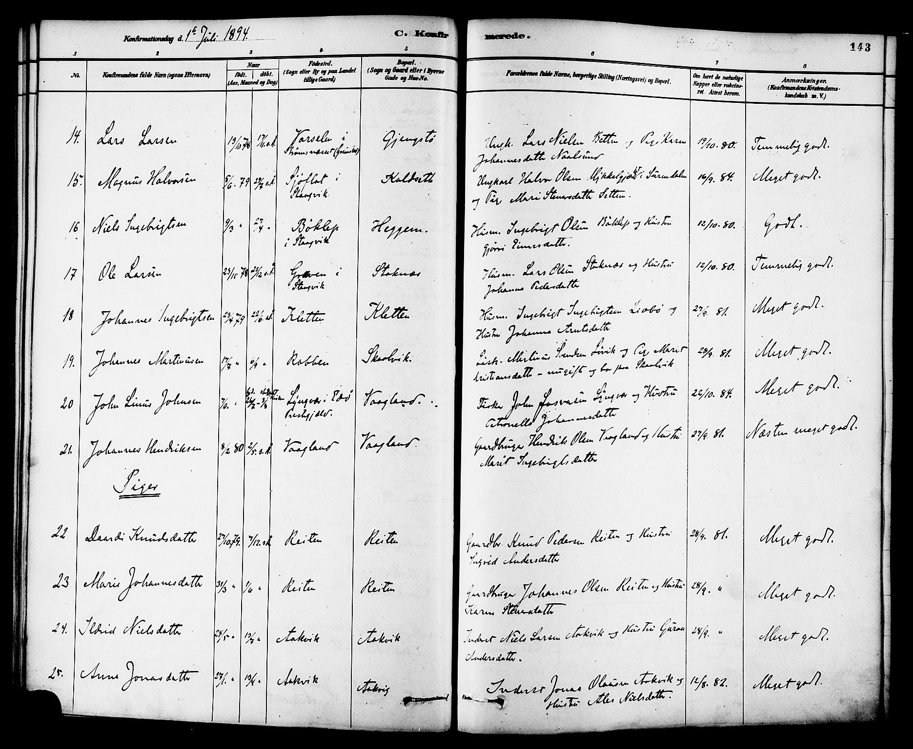 Ministerialprotokoller, klokkerbøker og fødselsregistre - Møre og Romsdal, AV/SAT-A-1454/576/L0885: Ministerialbok nr. 576A03, 1880-1898, s. 143