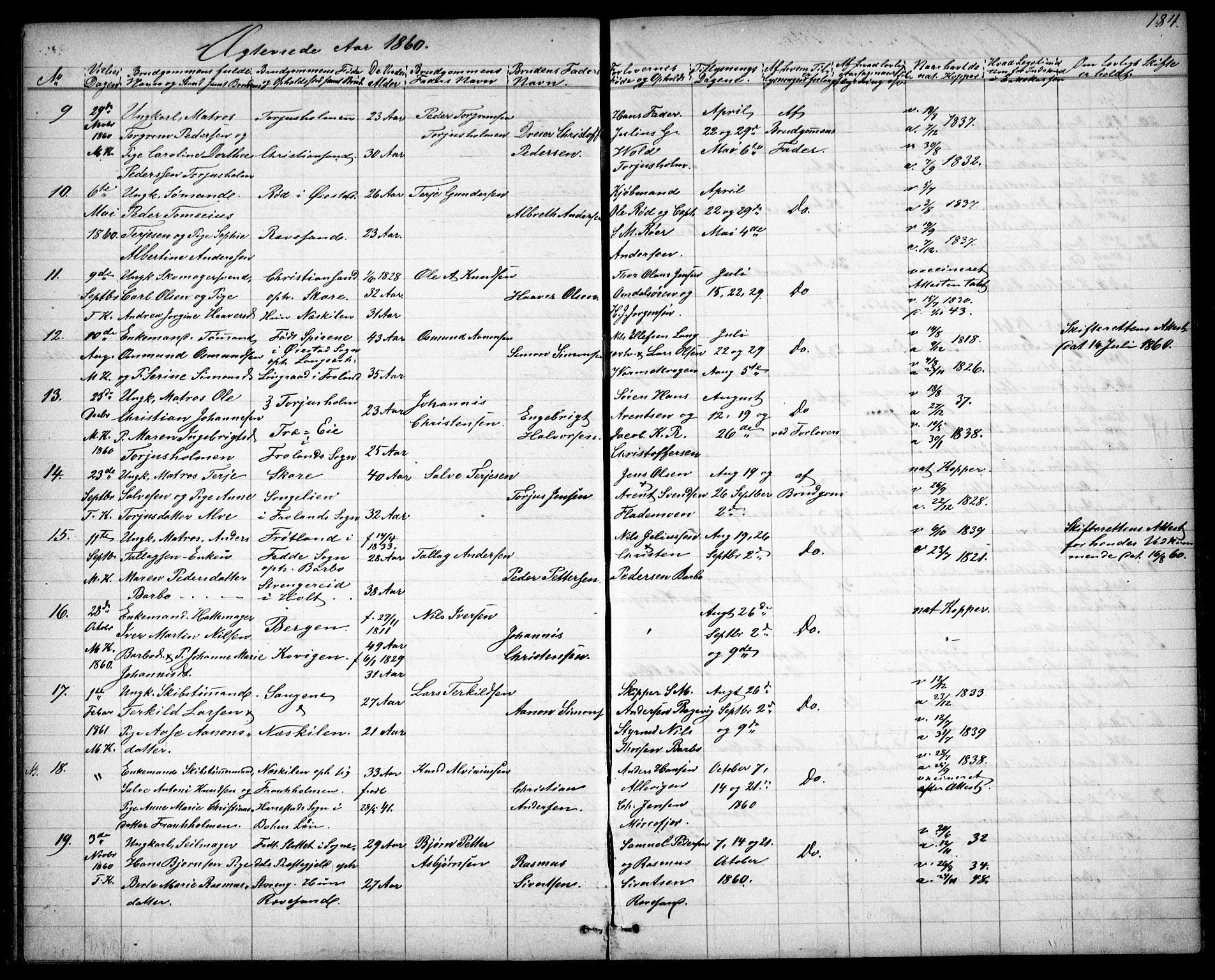 Tromøy sokneprestkontor, AV/SAK-1111-0041/F/Fb/L0003: Klokkerbok nr. B 3, 1859-1868, s. 184