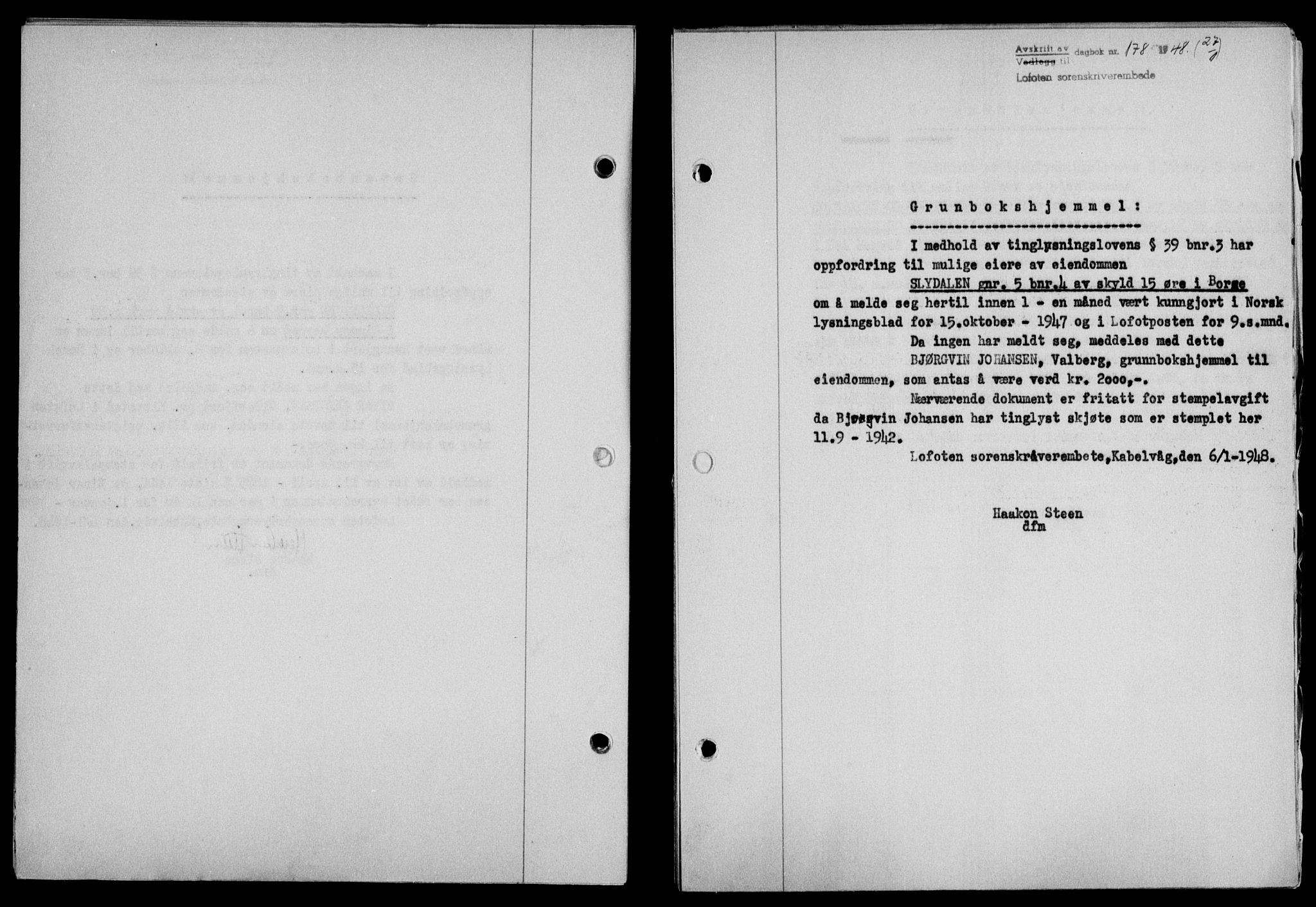 Lofoten sorenskriveri, SAT/A-0017/1/2/2C/L0017a: Pantebok nr. 17a, 1947-1948, Dagboknr: 178/1948