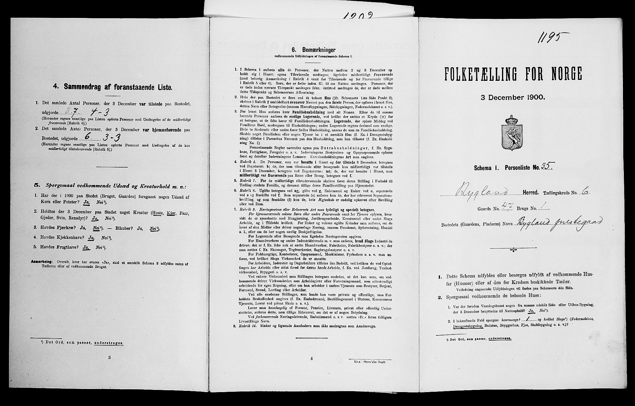 SAK, Folketelling 1900 for 0938 Bygland herred, 1900, s. 481