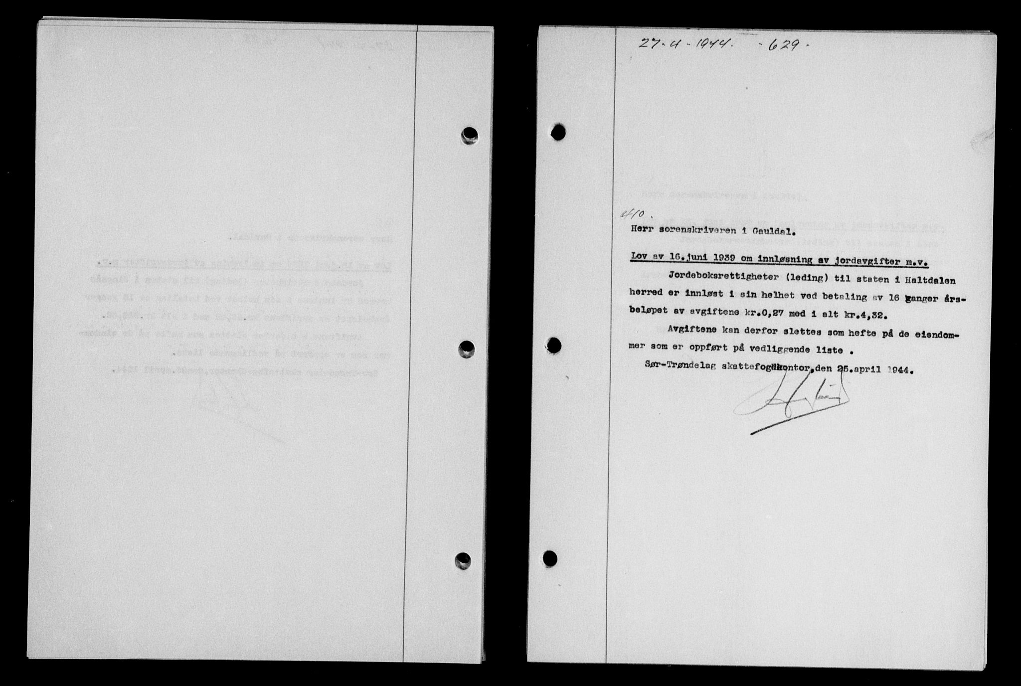 Gauldal sorenskriveri, SAT/A-0014/1/2/2C/L0057: Pantebok nr. 62, 1943-1944, Dagboknr: 410/1944