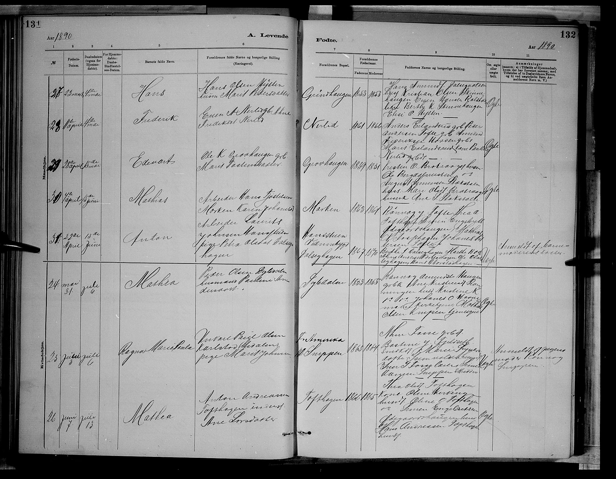 Sør-Fron prestekontor, AV/SAH-PREST-010/H/Ha/Hab/L0003: Klokkerbok nr. 3, 1884-1896, s. 131-132