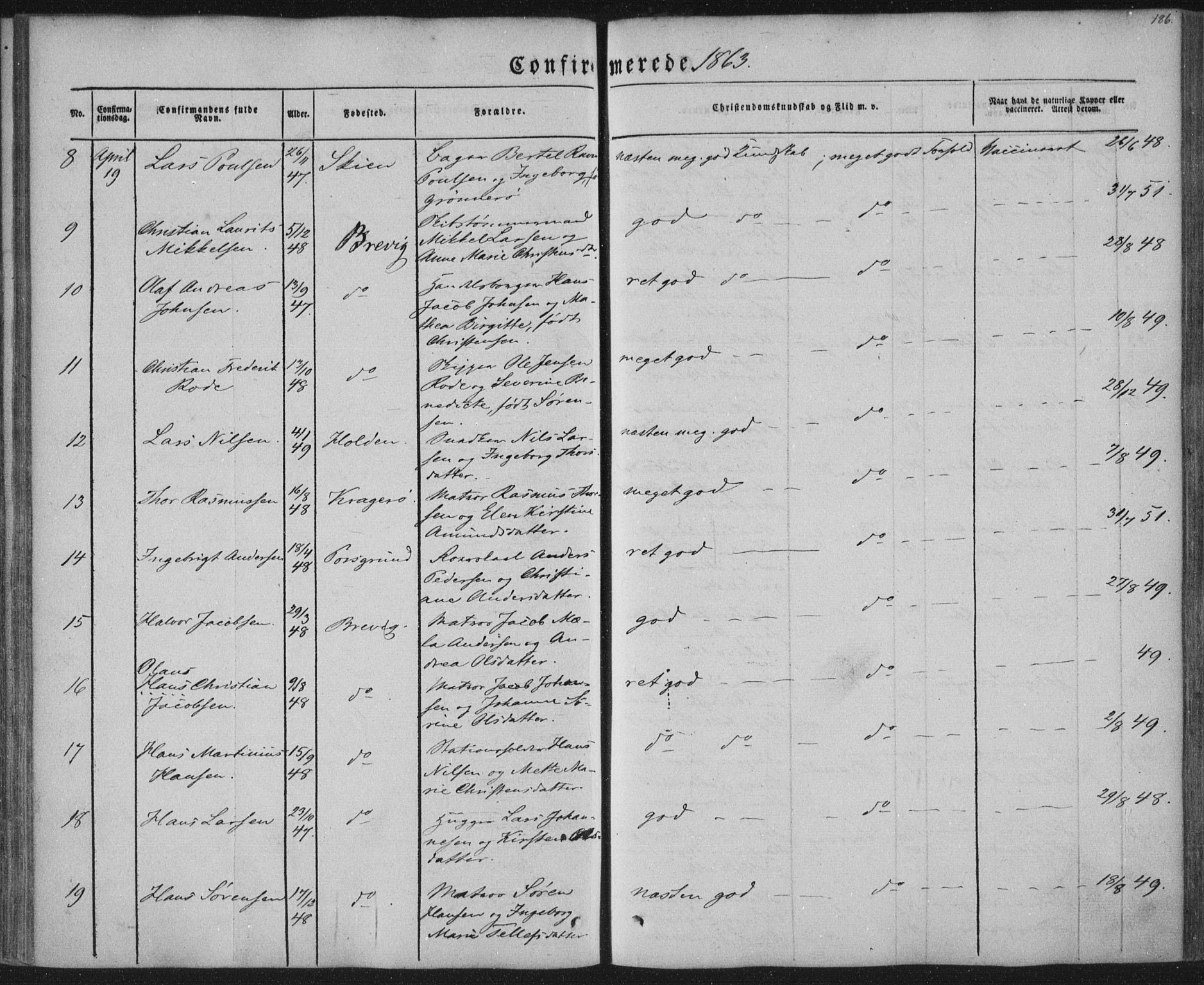 Brevik kirkebøker, AV/SAKO-A-255/F/Fa/L0005: Ministerialbok nr. 5, 1847-1865, s. 186