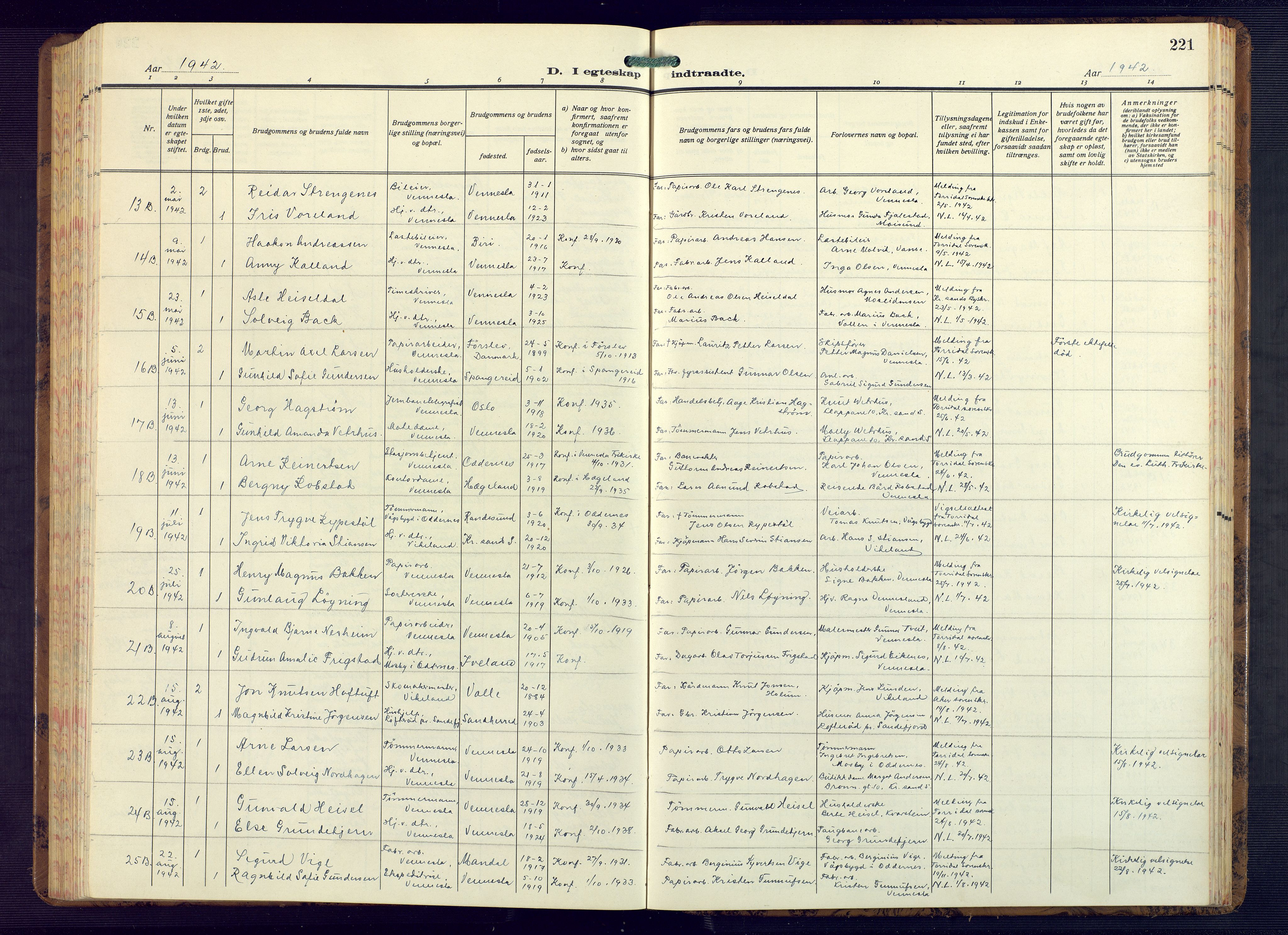 Vennesla sokneprestkontor, AV/SAK-1111-0045/Fb/Fbb/L0008: Klokkerbok nr. B 8, 1934-1947, s. 221