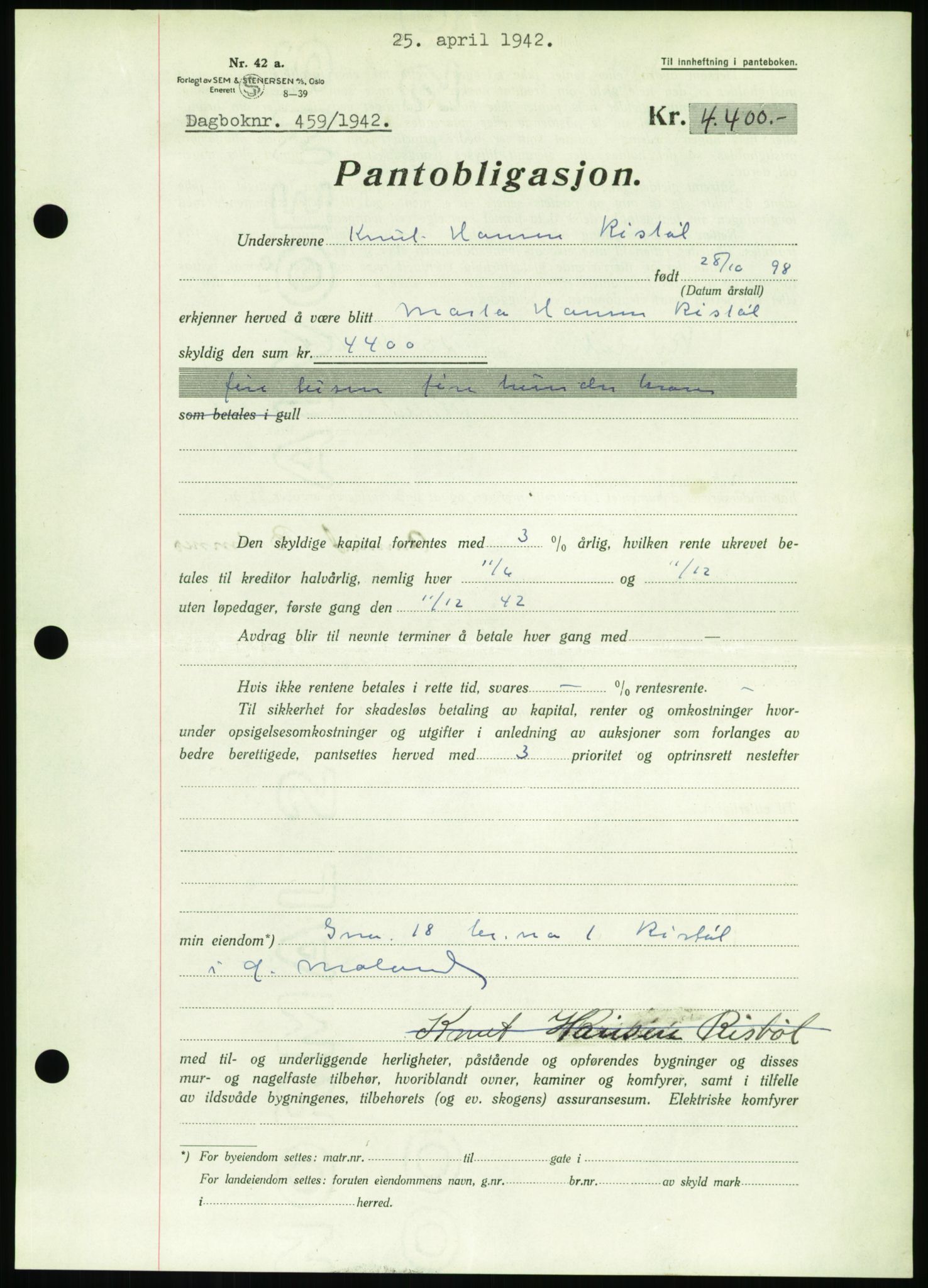Nedenes sorenskriveri, SAK/1221-0006/G/Gb/Gbb/L0002: Pantebok nr. II, 1942-1945, Dagboknr: 459/1942